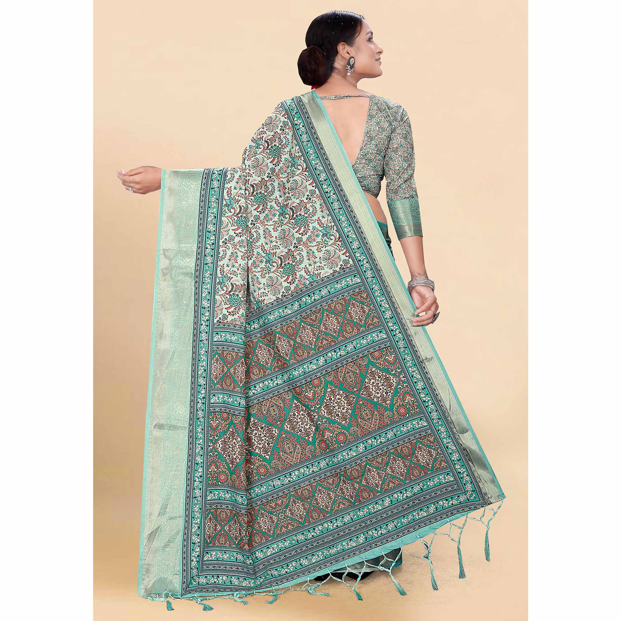 Blue Floral Digital Printed Pure Cotton Saree