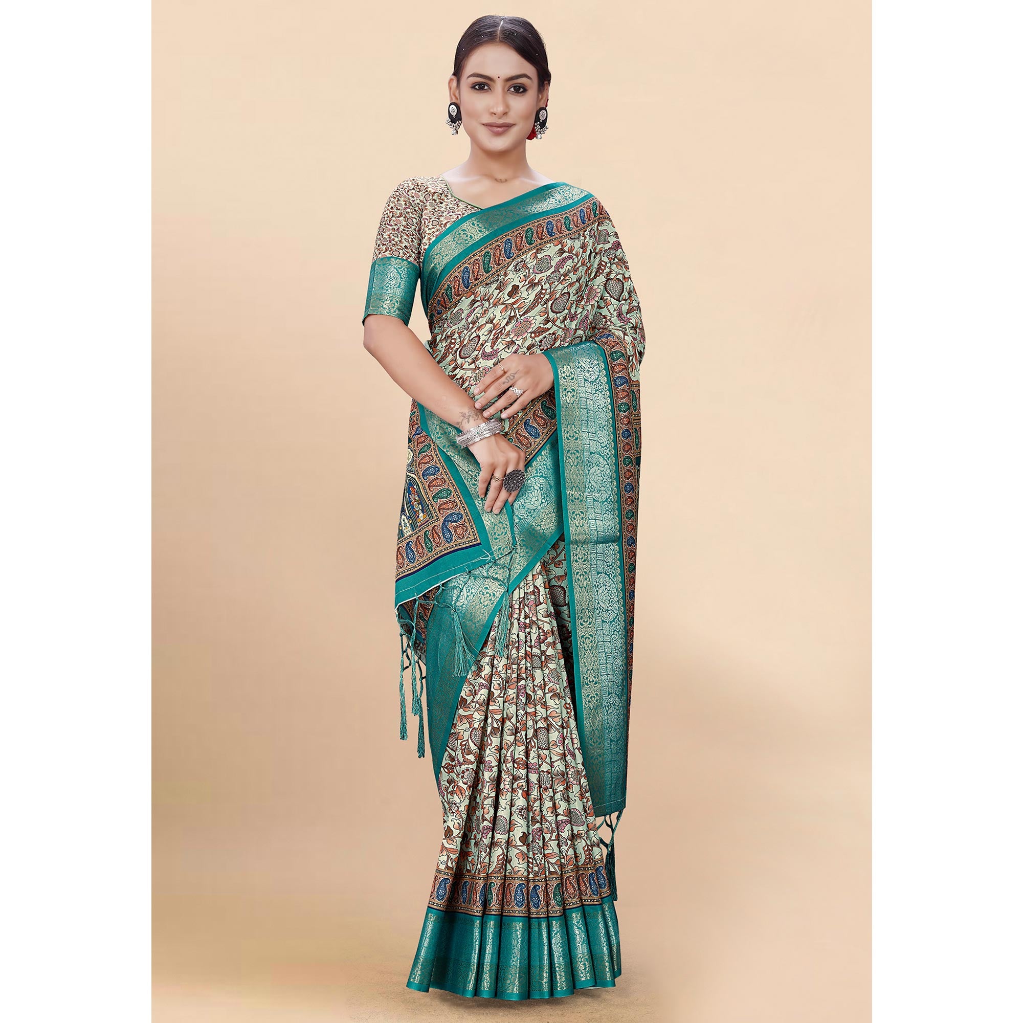 Blue Floral Digital Printed Pure Cotton Saree