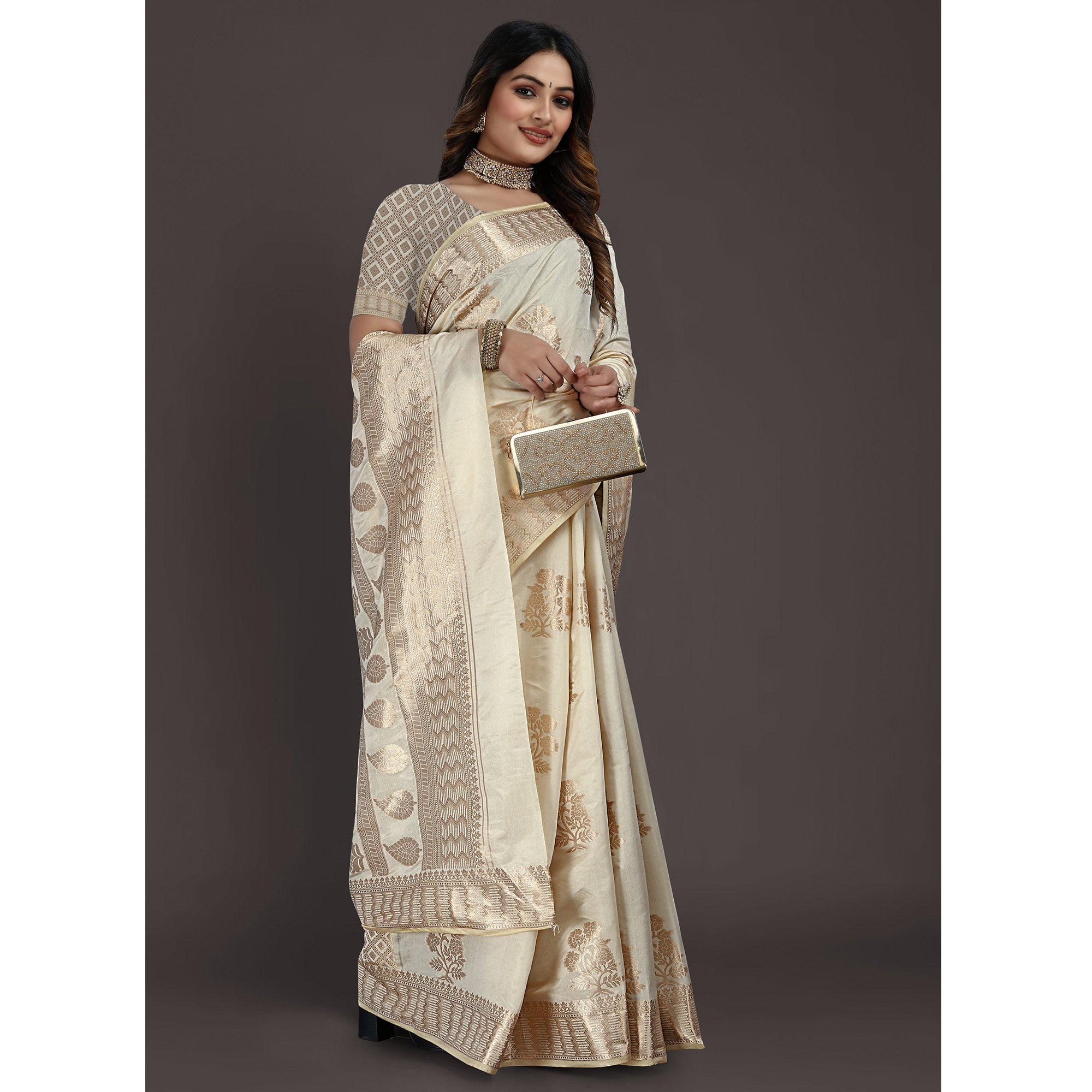 Cream Floral Woven Raw Silk Saree