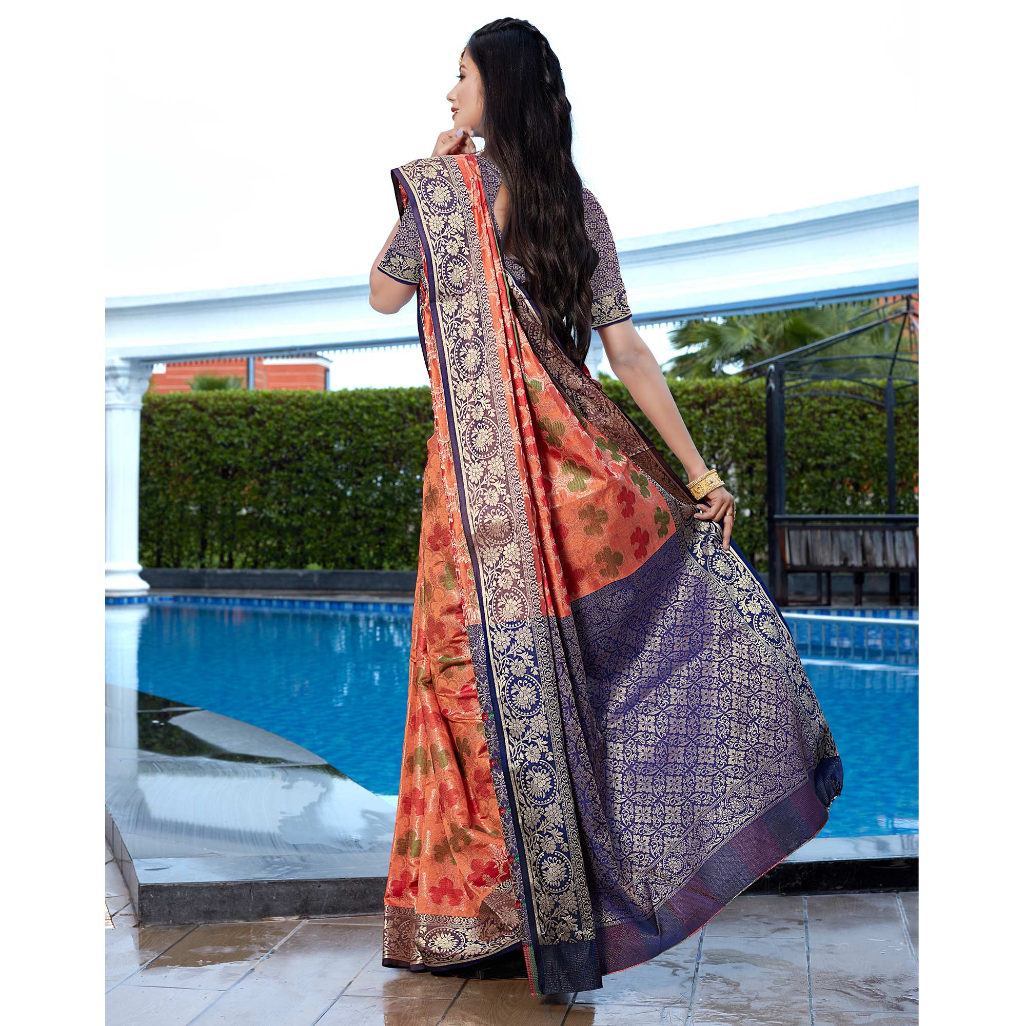 Peach Floral Woven Art Silk Saree