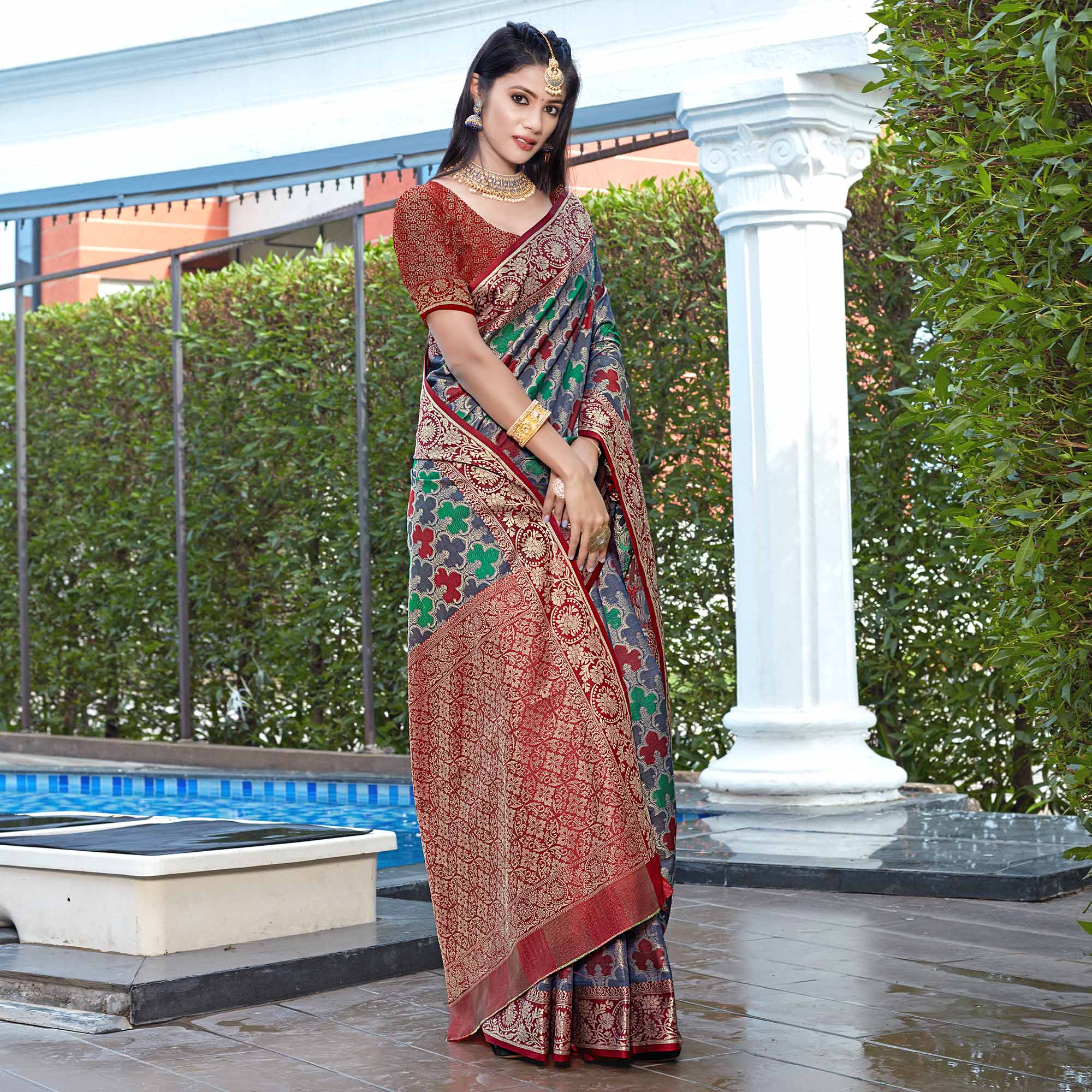 Blue Floral Woven Art Silk Saree