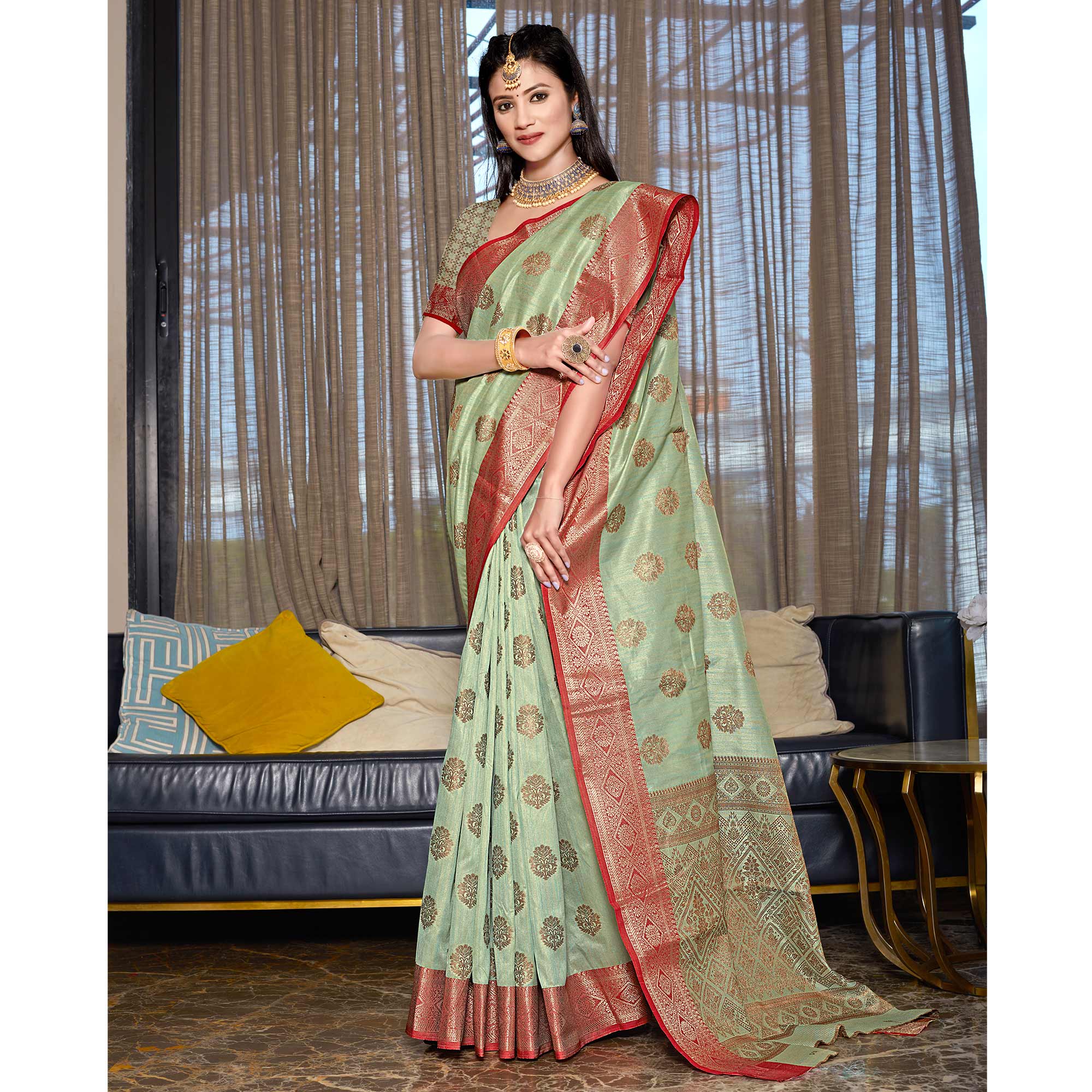 Green Floral Woven Cotton Blend Saree
