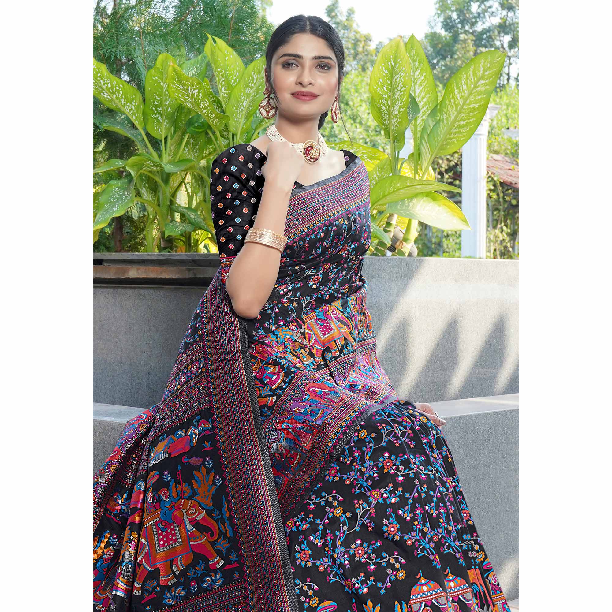 Black Floral Purple Woven Pure Silk Saree