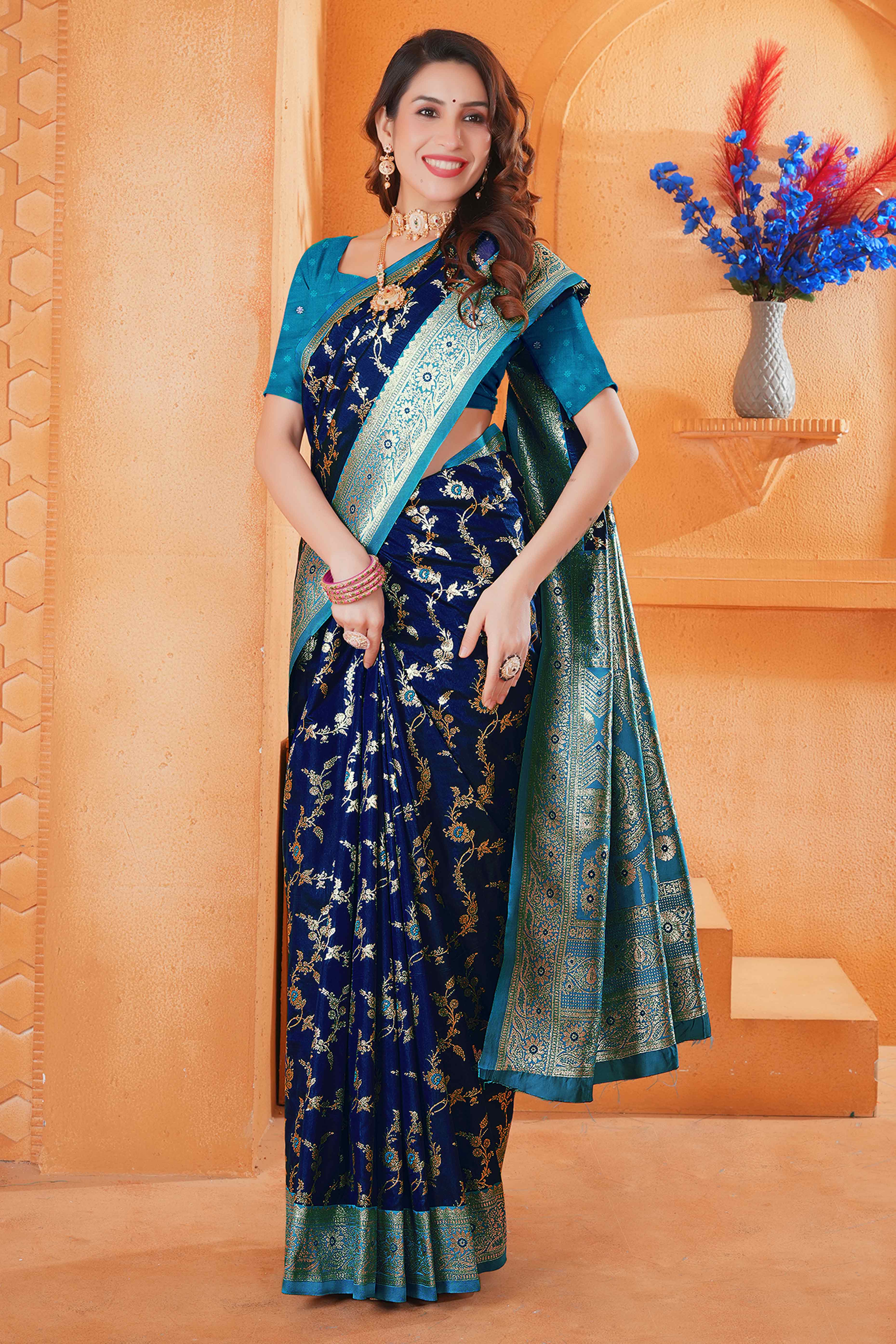 Navy Blue Art Silk Saree With Intricate Floral Banarasi Zari Weaving