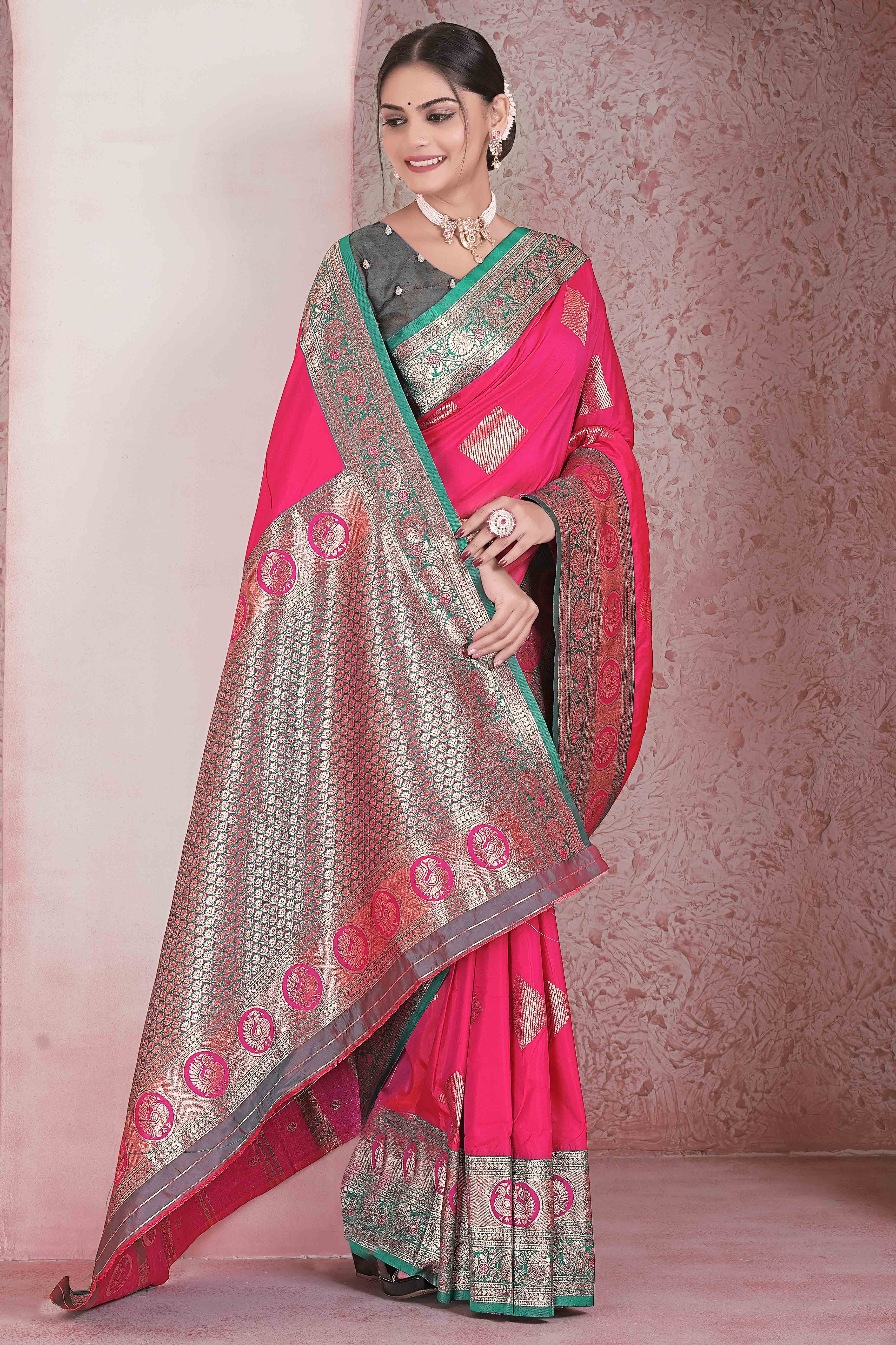 Pink Zari Woven Art Silk Saree With Opulent Banarasi Pallu Work
