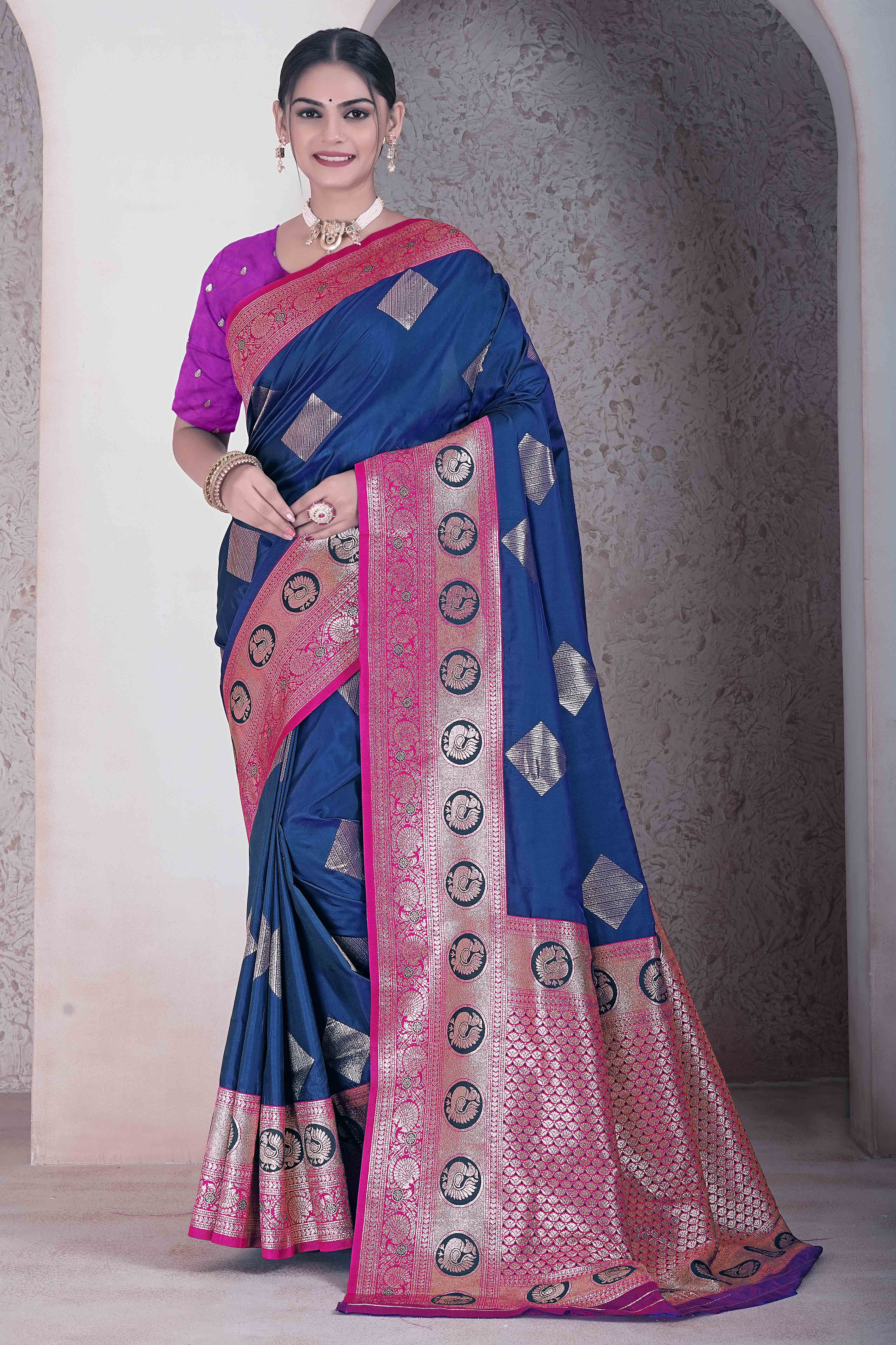Navy Blue Zari Woven Art Silk Saree With Opulent Banarasi Pallu Work
