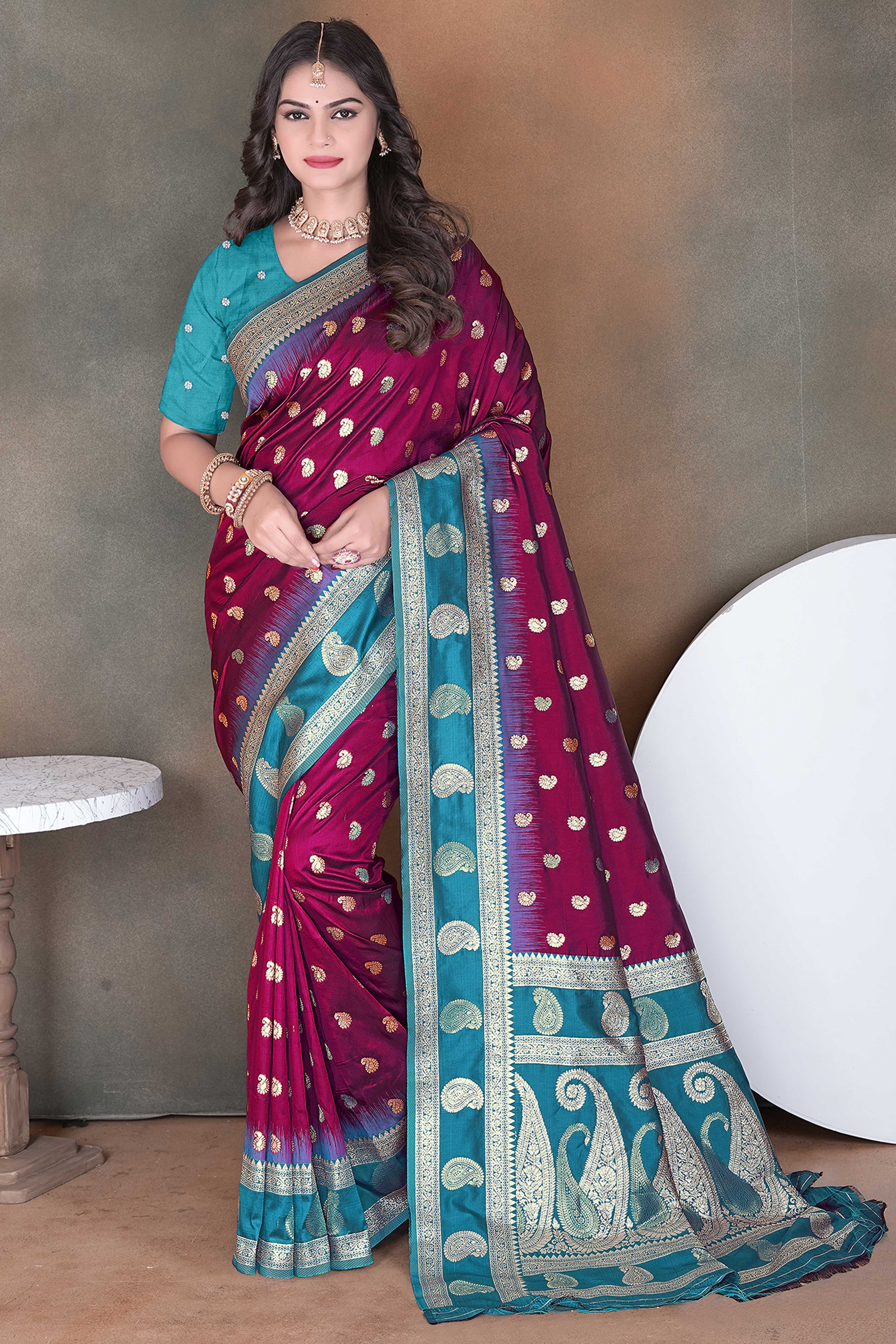 Wine Art Silk Saree Adorned With Zari Woven Paisley Motifs & Rich Banarasi Pallu