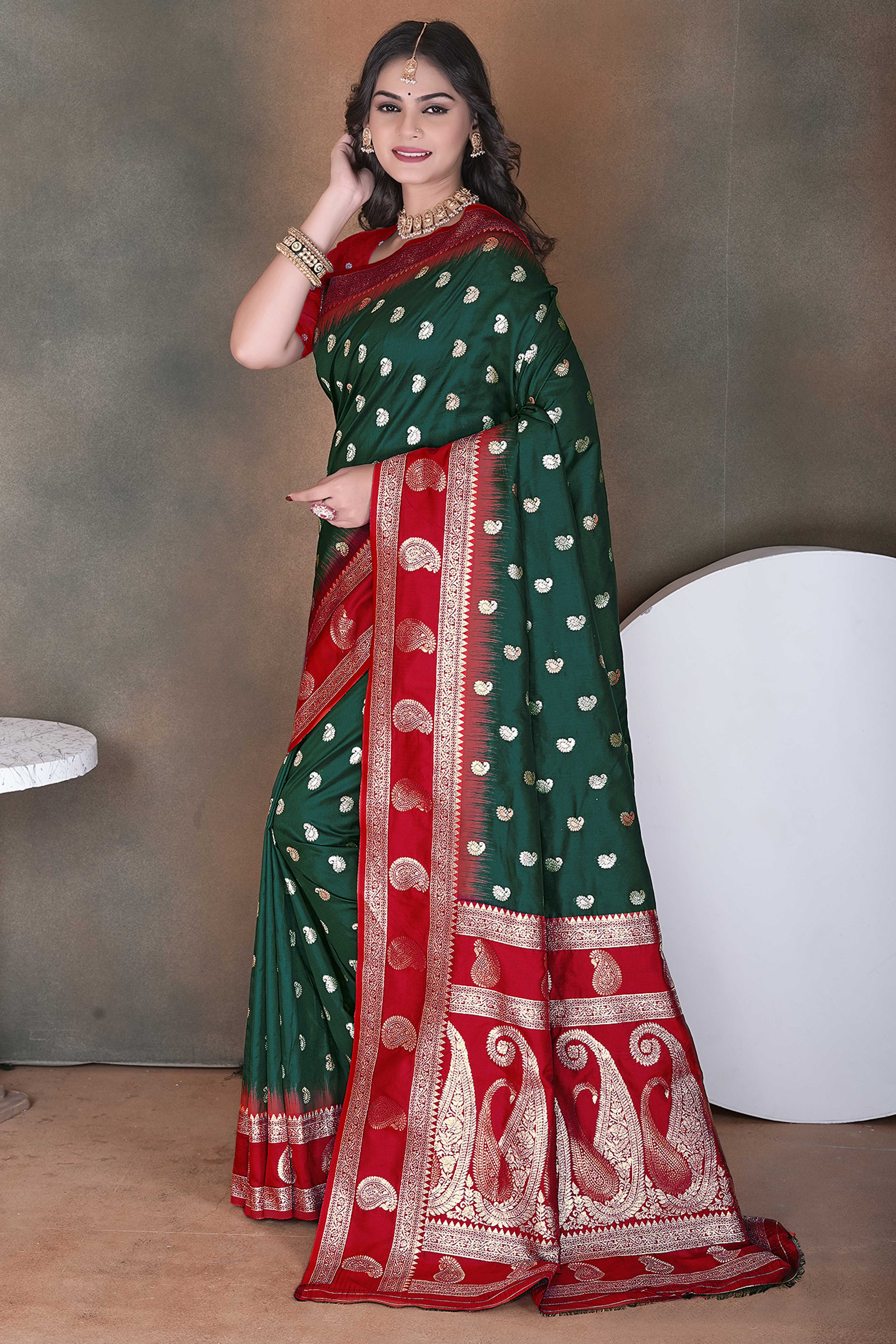 Bottle Green Art Silk Saree Adorned With Zari Woven Paisley Motifs & Rich Banarasi Pallu
