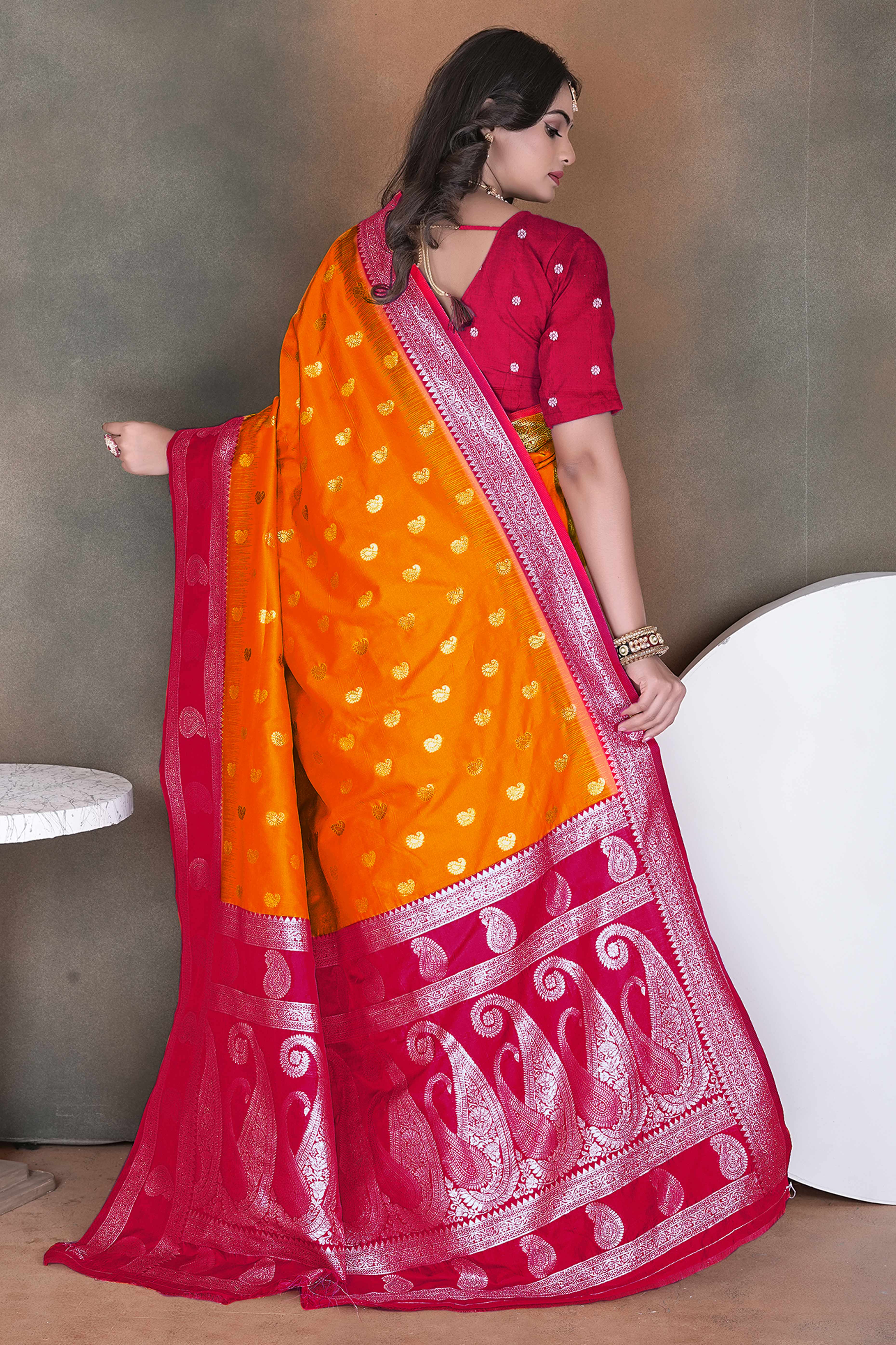 Orange Art Silk Saree Adorned With Zari Woven Paisley Motifs & Rich Banarasi Pallu