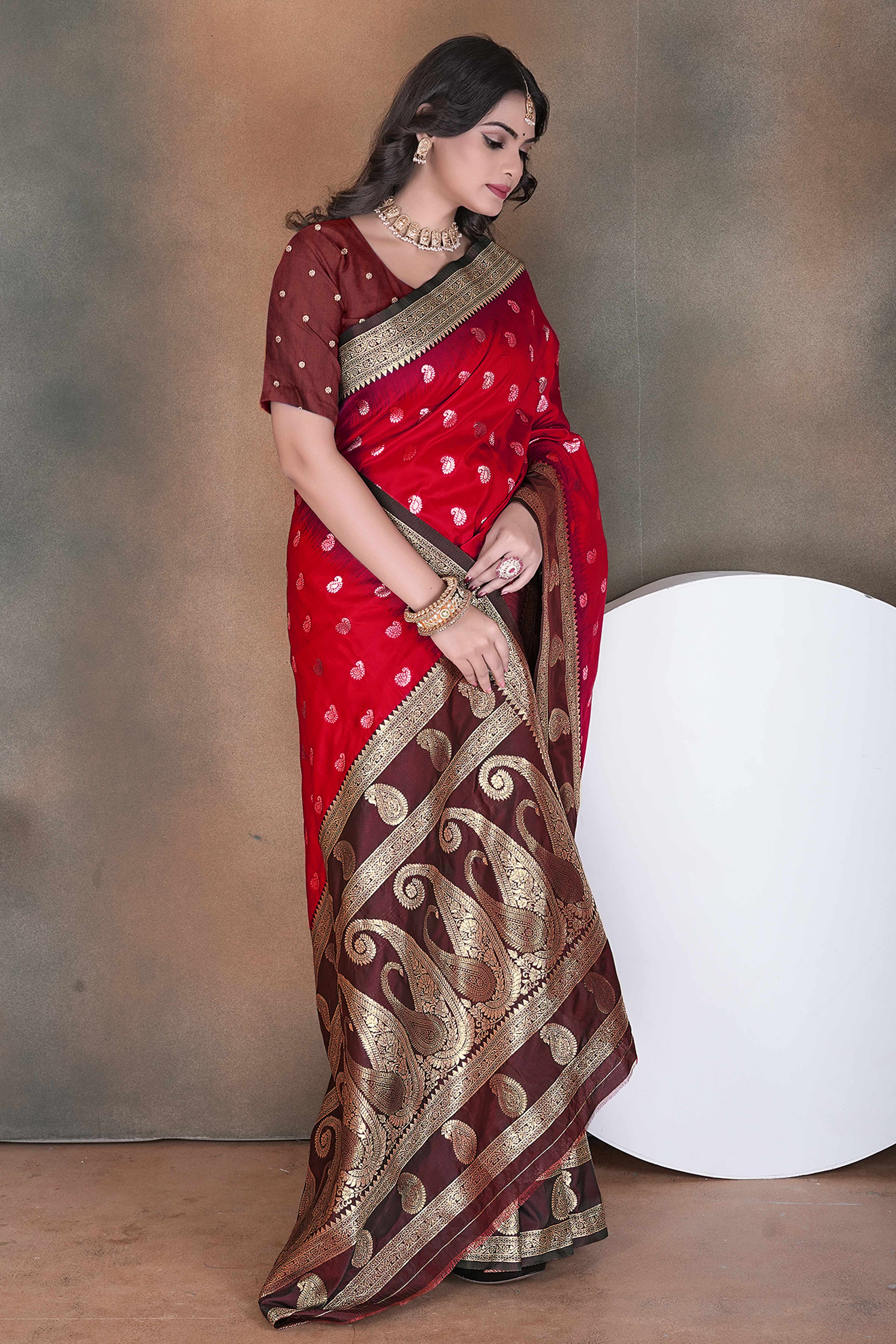 Red Art Silk Saree Adorned With Zari Woven Paisley Motifs & Rich Banarasi Pallu