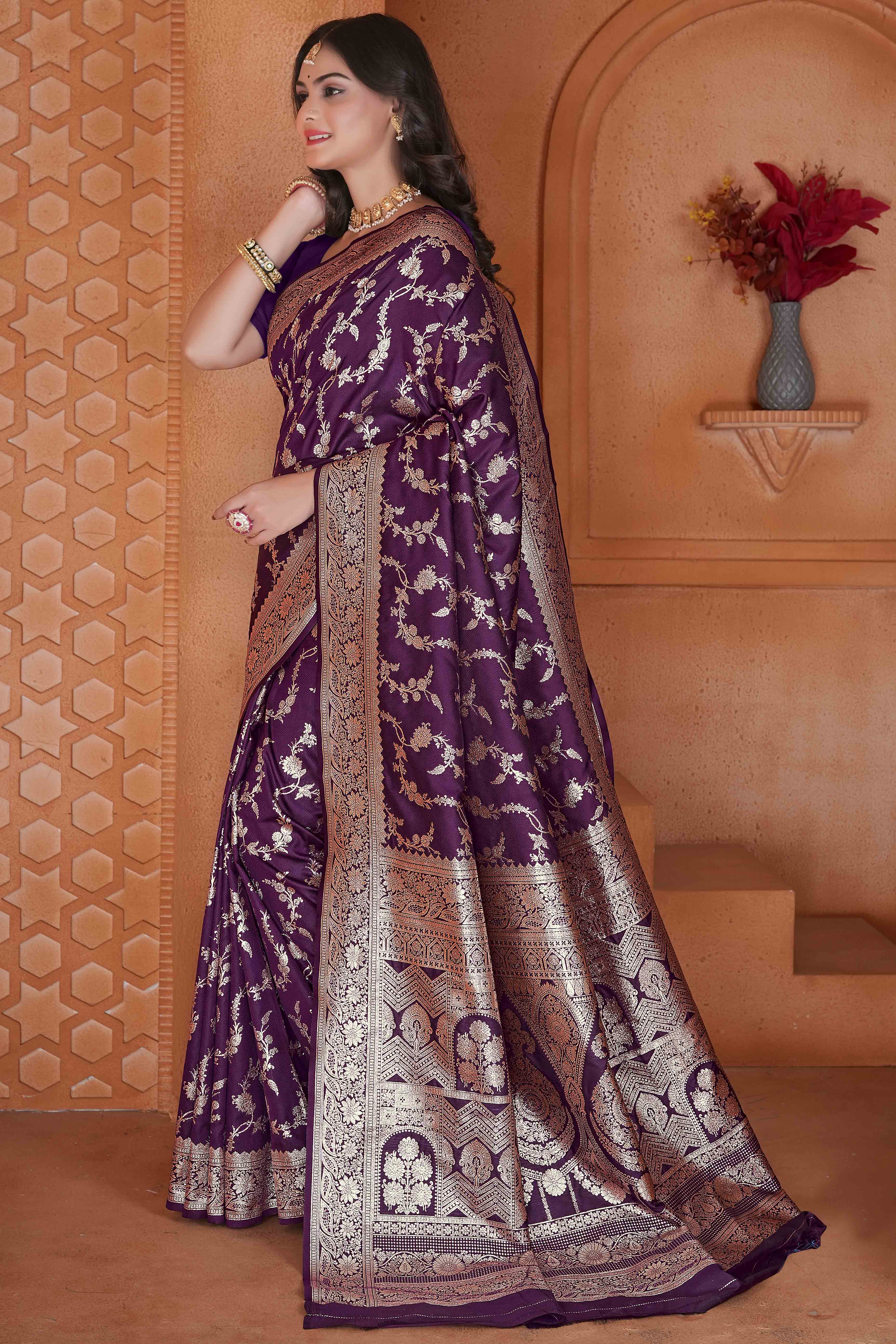 Purple Saree in Art Silk Featuring Traditional Zari Woven Floral Motifs for Special Occasions