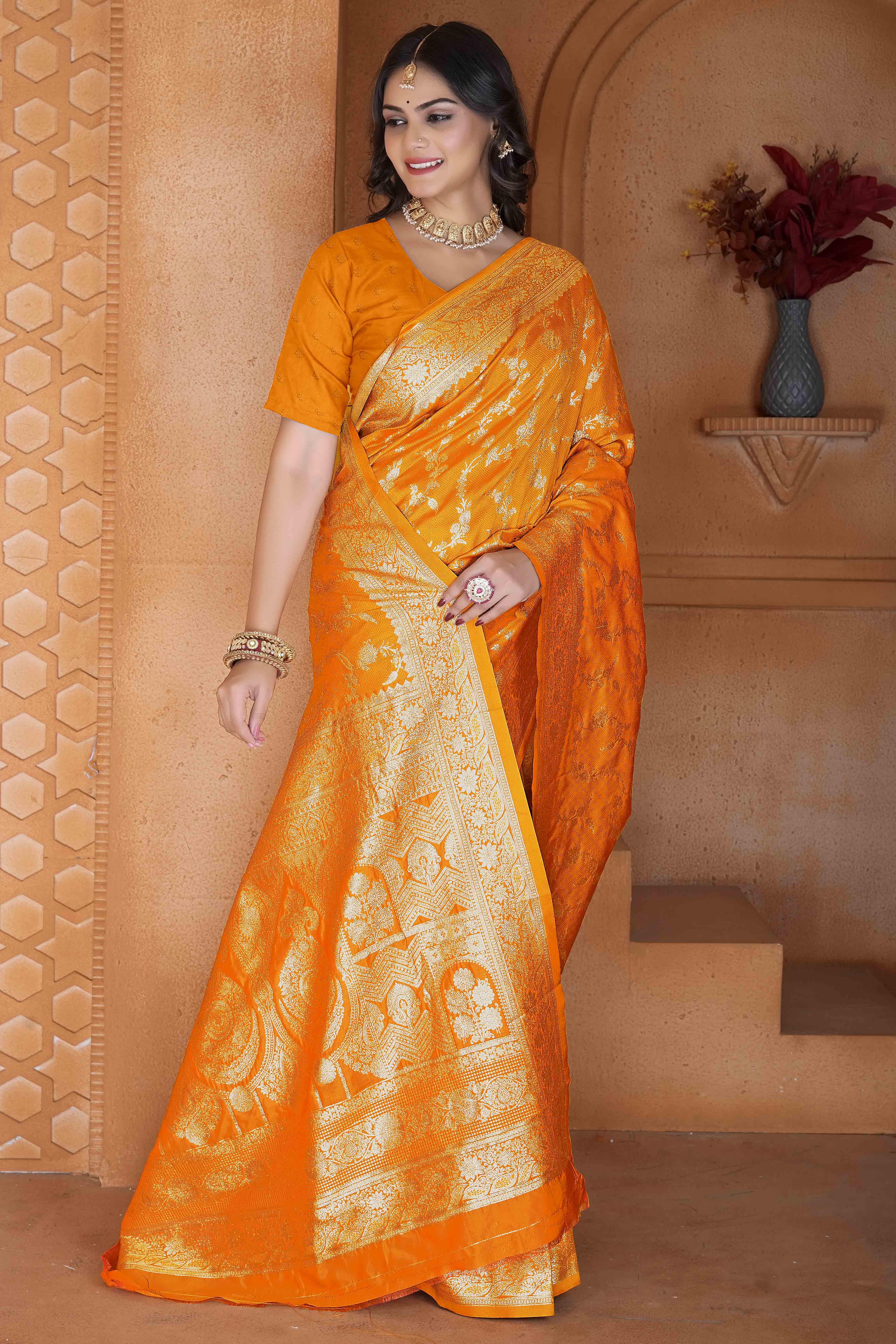 Mustard Saree in Art Silk Featuring Traditional Zari Woven Floral Motifs for Special Occasions