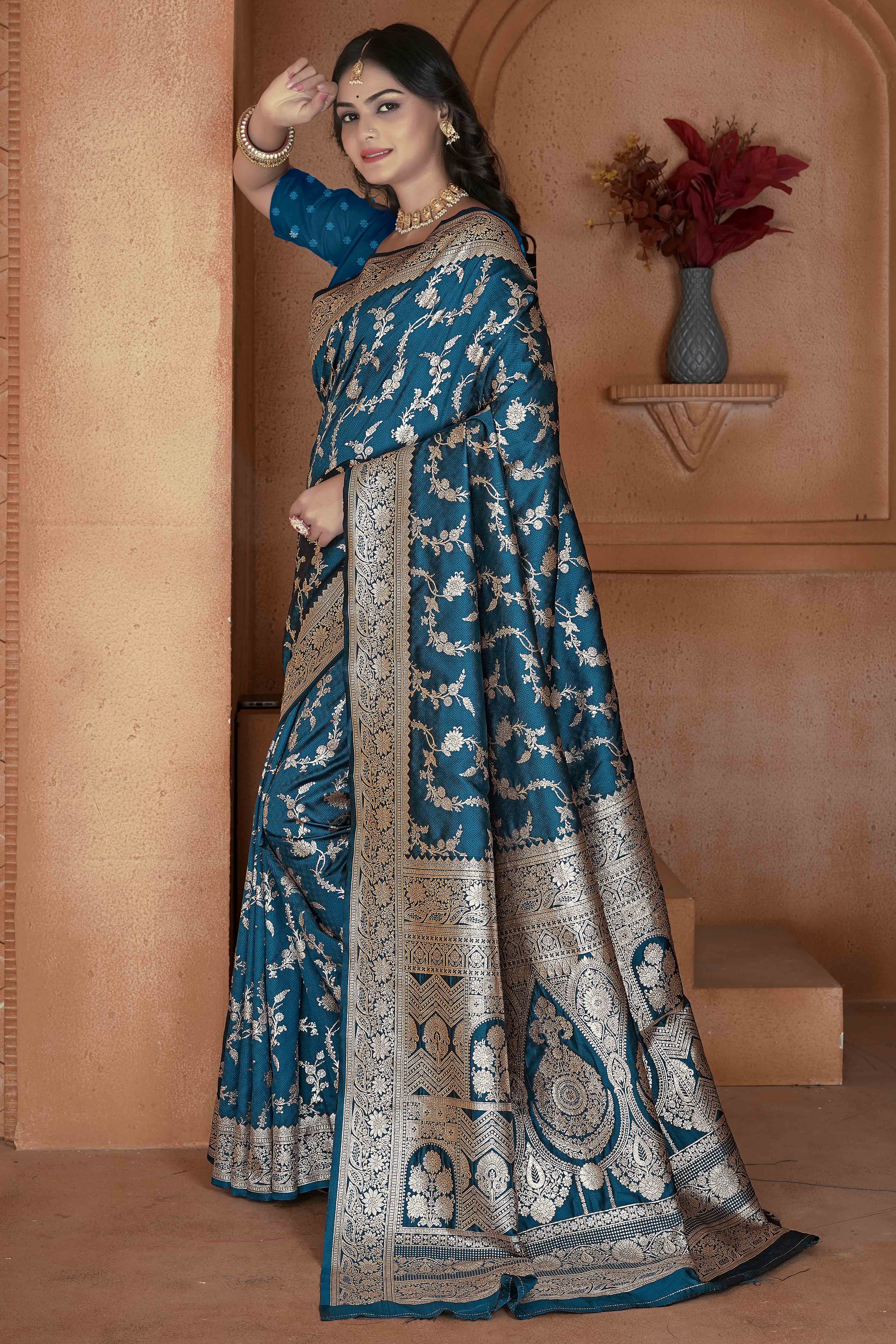 Teal Saree in Art Silk Featuring Traditional Zari Woven Floral Motifs for Special Occasions