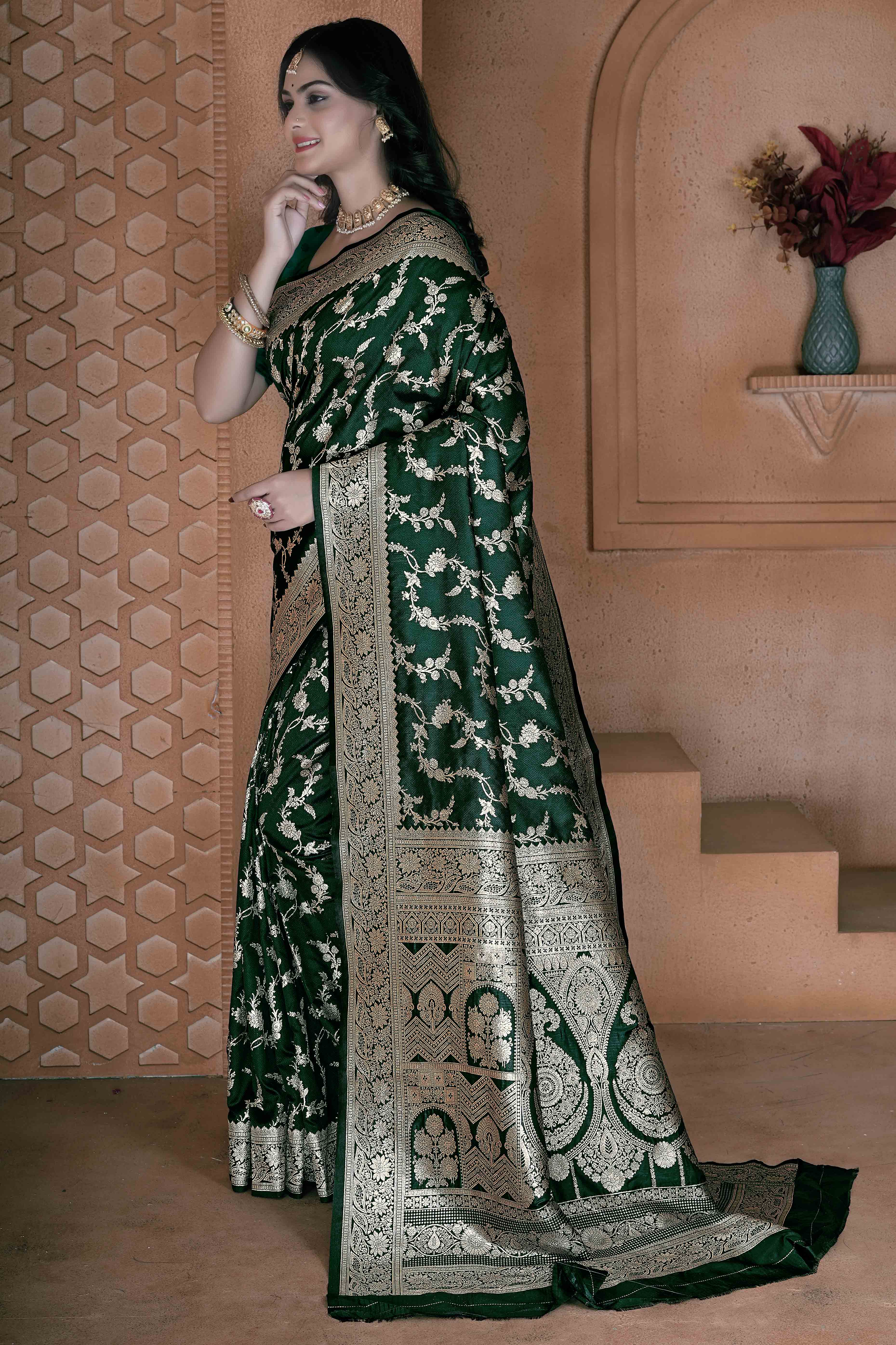 Green Saree in Art Silk Featuring Traditional Zari Woven Floral Motifs for Special Occasions