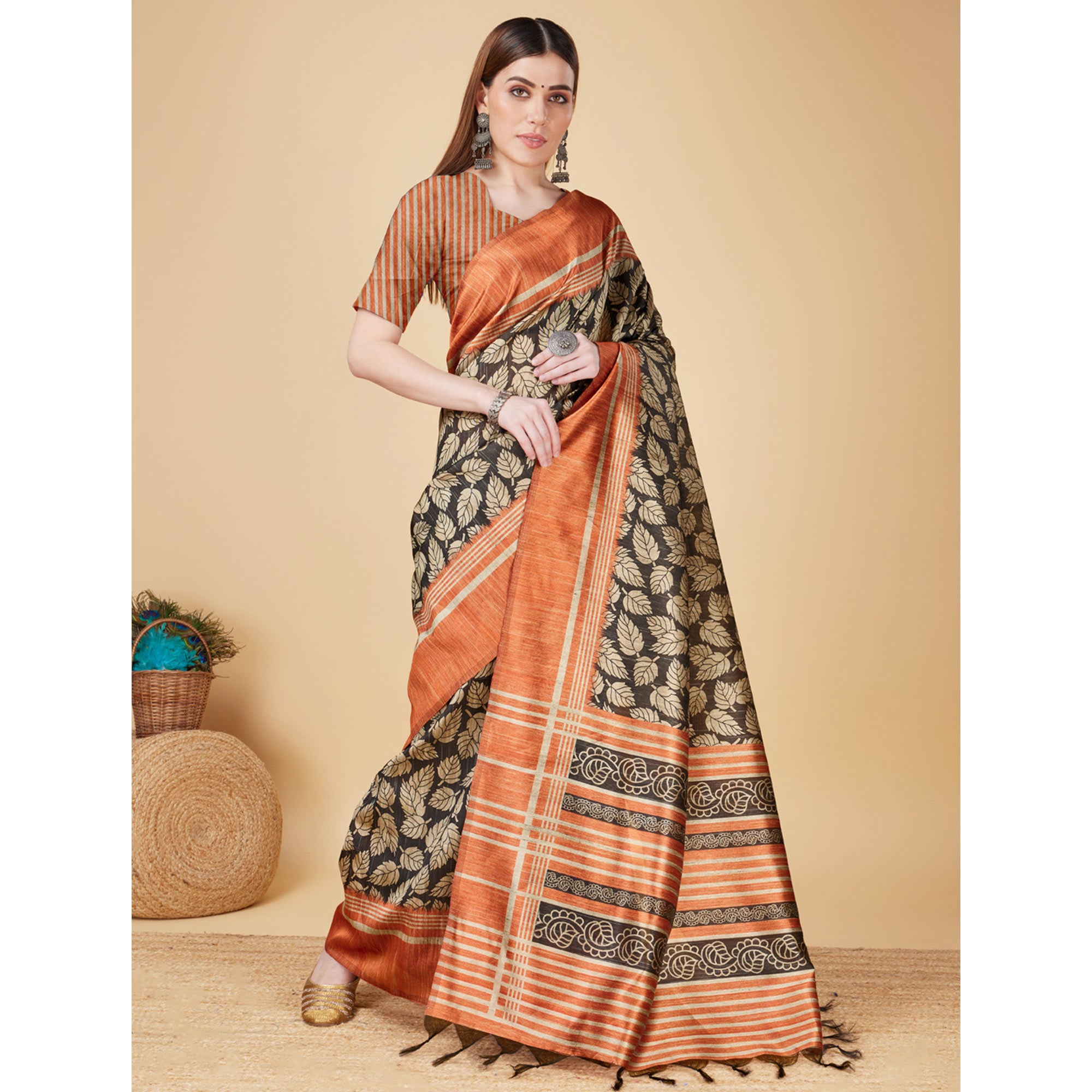 Black & Rust Printed Bhagalpuri Silk Saree With Tassels