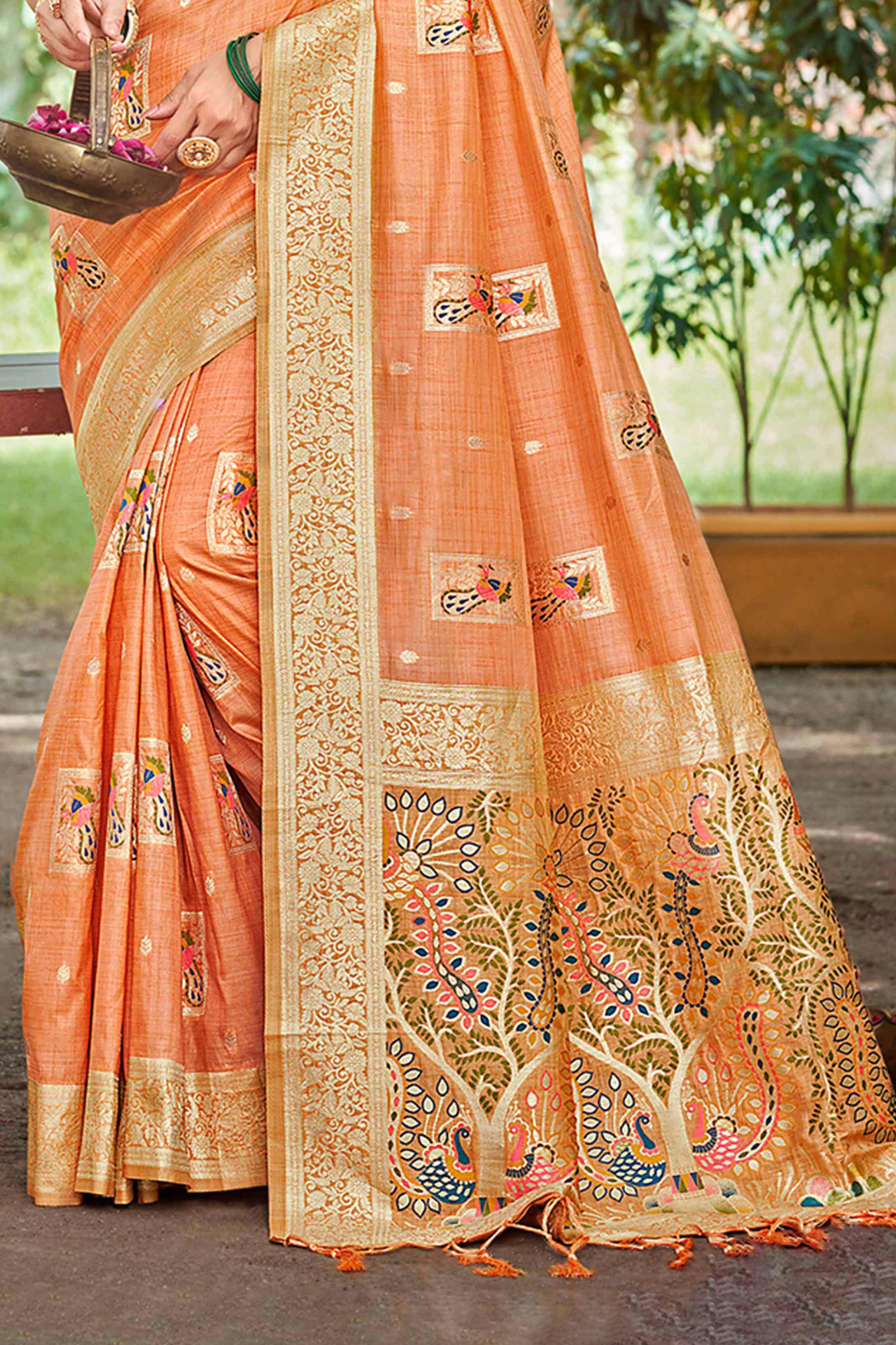 Orange Floral & Peacock Motif Zari Woven Assam Silk Blend Saree With Graceful Tassel Pallu