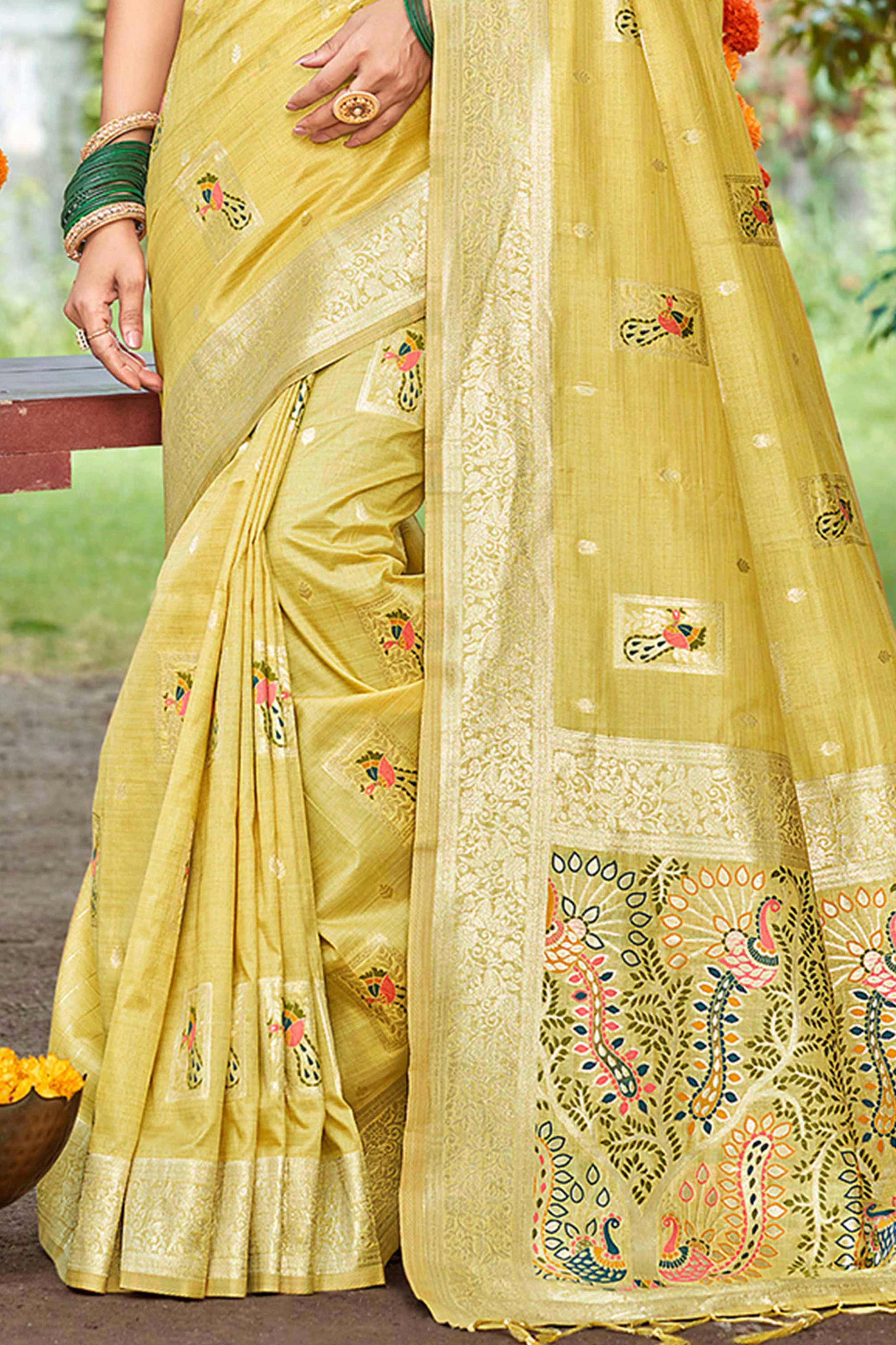 Yellow Floral & Peacock Motif Zari Woven Assam Silk Blend Saree With Graceful Tassel Pallu