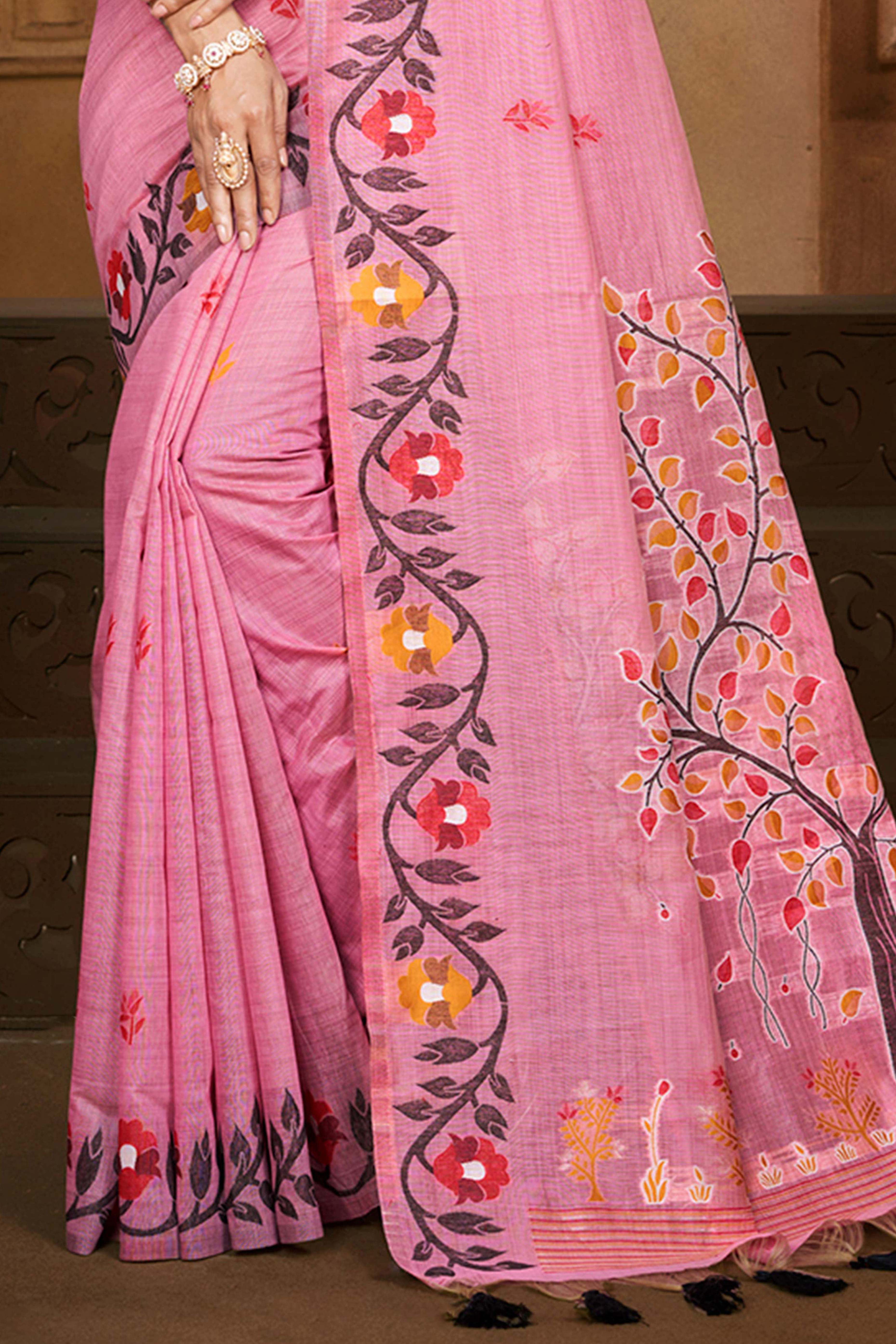 Charming Pink Floral Weaving Cotton Silk Saree Enhanced With Tree Motif Pallu With Tassel
