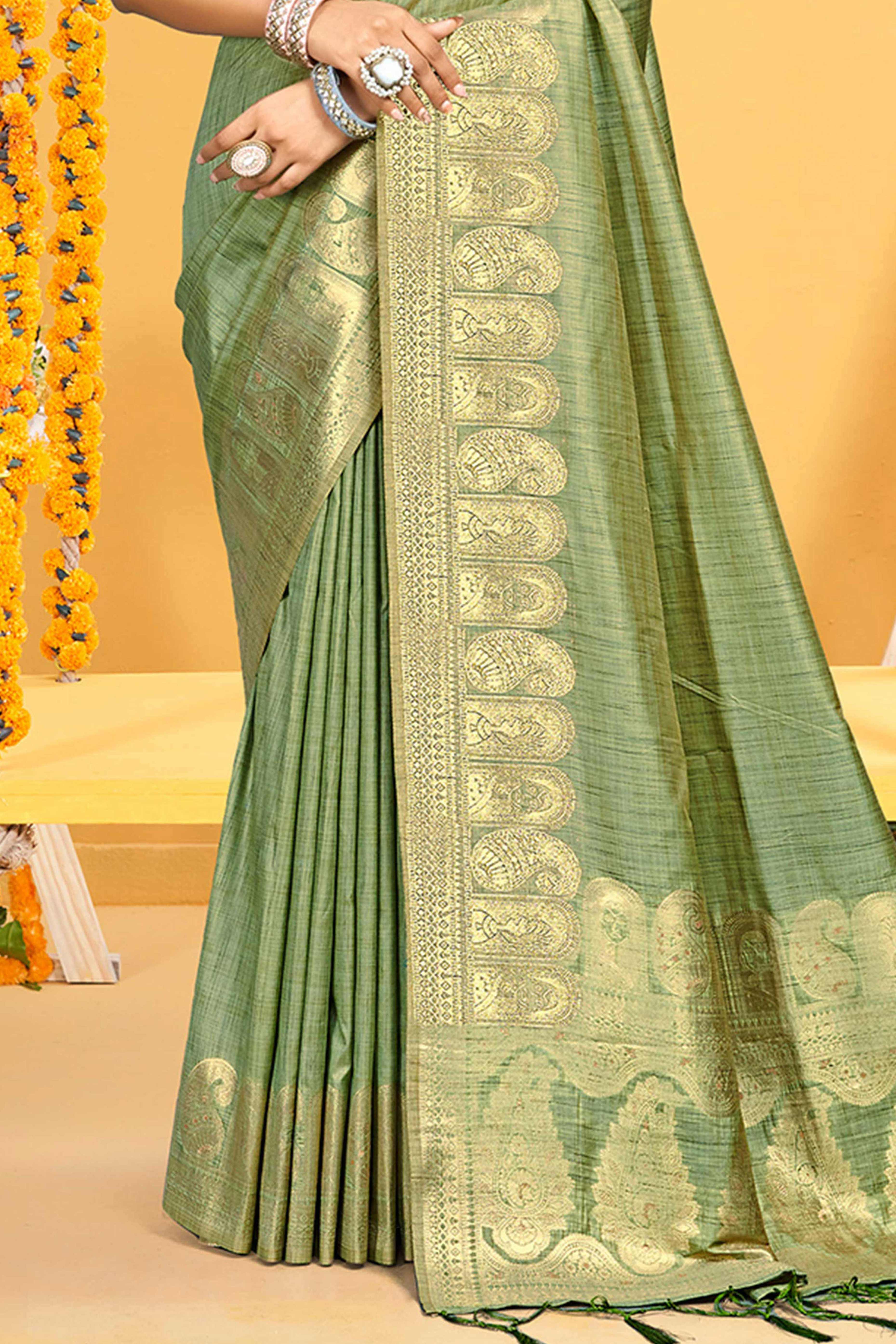 Classic Green Floral & Paisley Design Weaving Assam Silk Blend Saree With Tassel Pallu