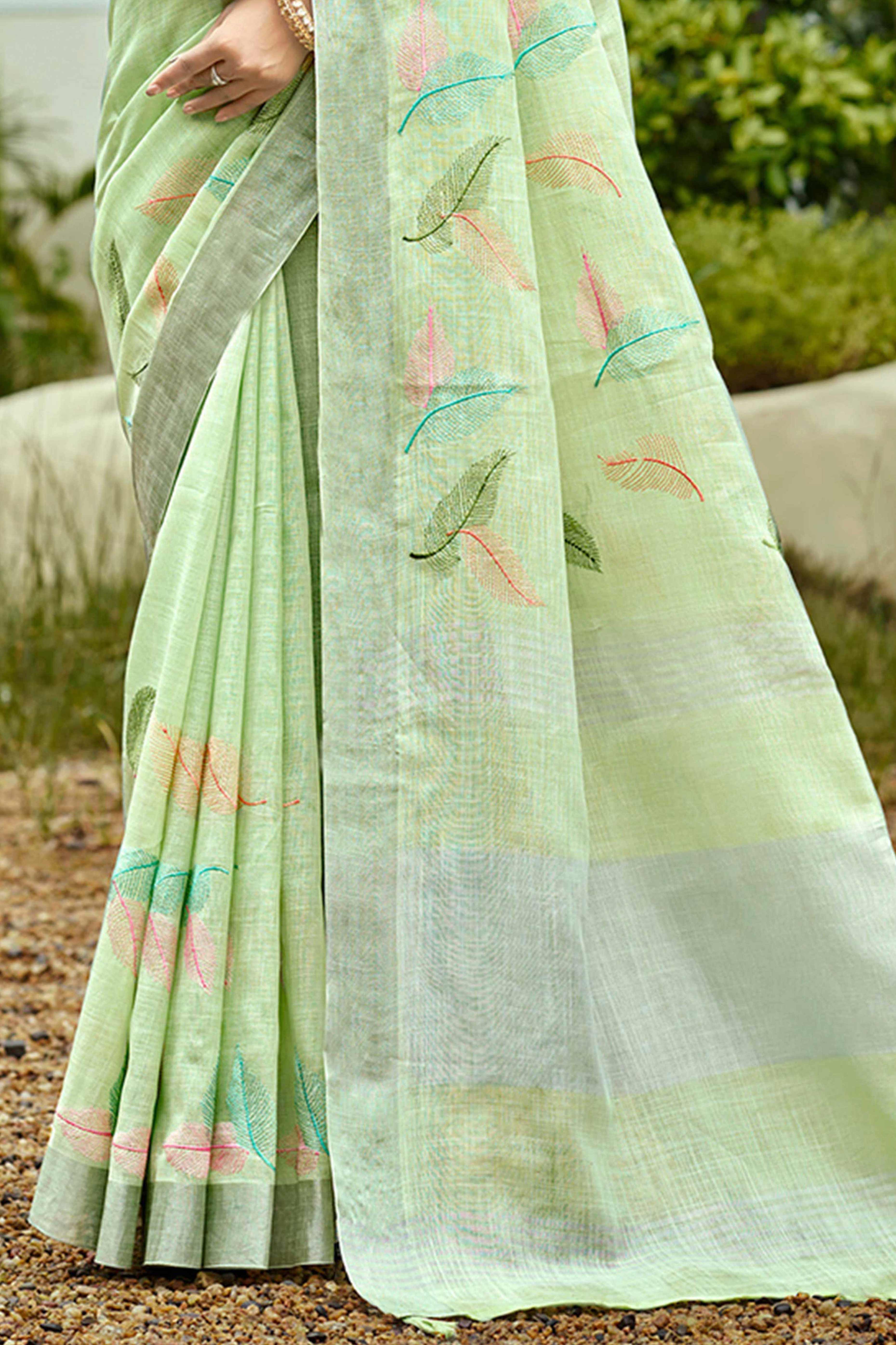 Exquisite Green Leaf Motif Thread Embroidered Linen Saree With Elegant Weaving Border