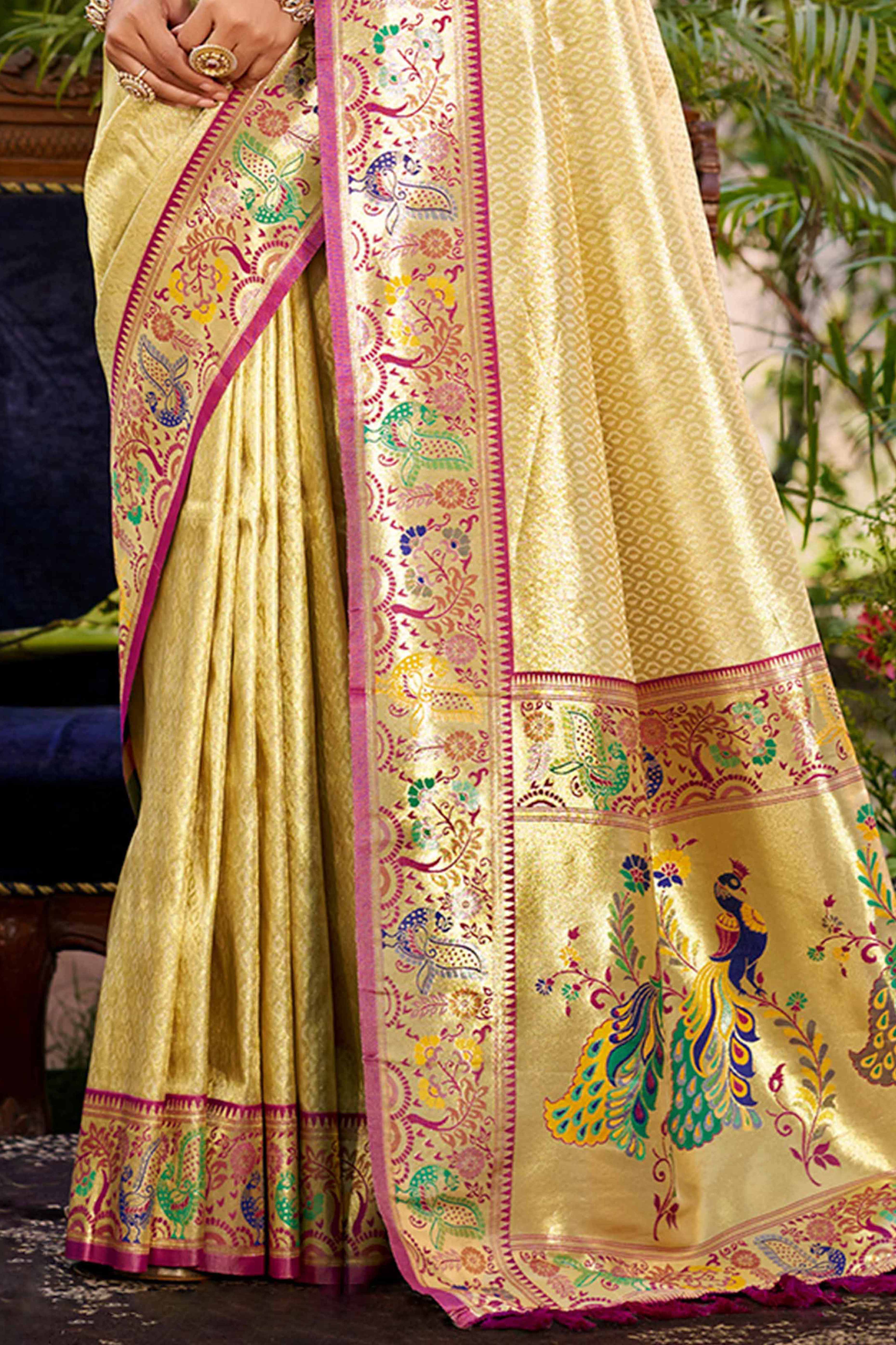 Graceful Golden Silk Blend Saree Adorned With Intricate Zari Weave & Peacock Motif Pallu