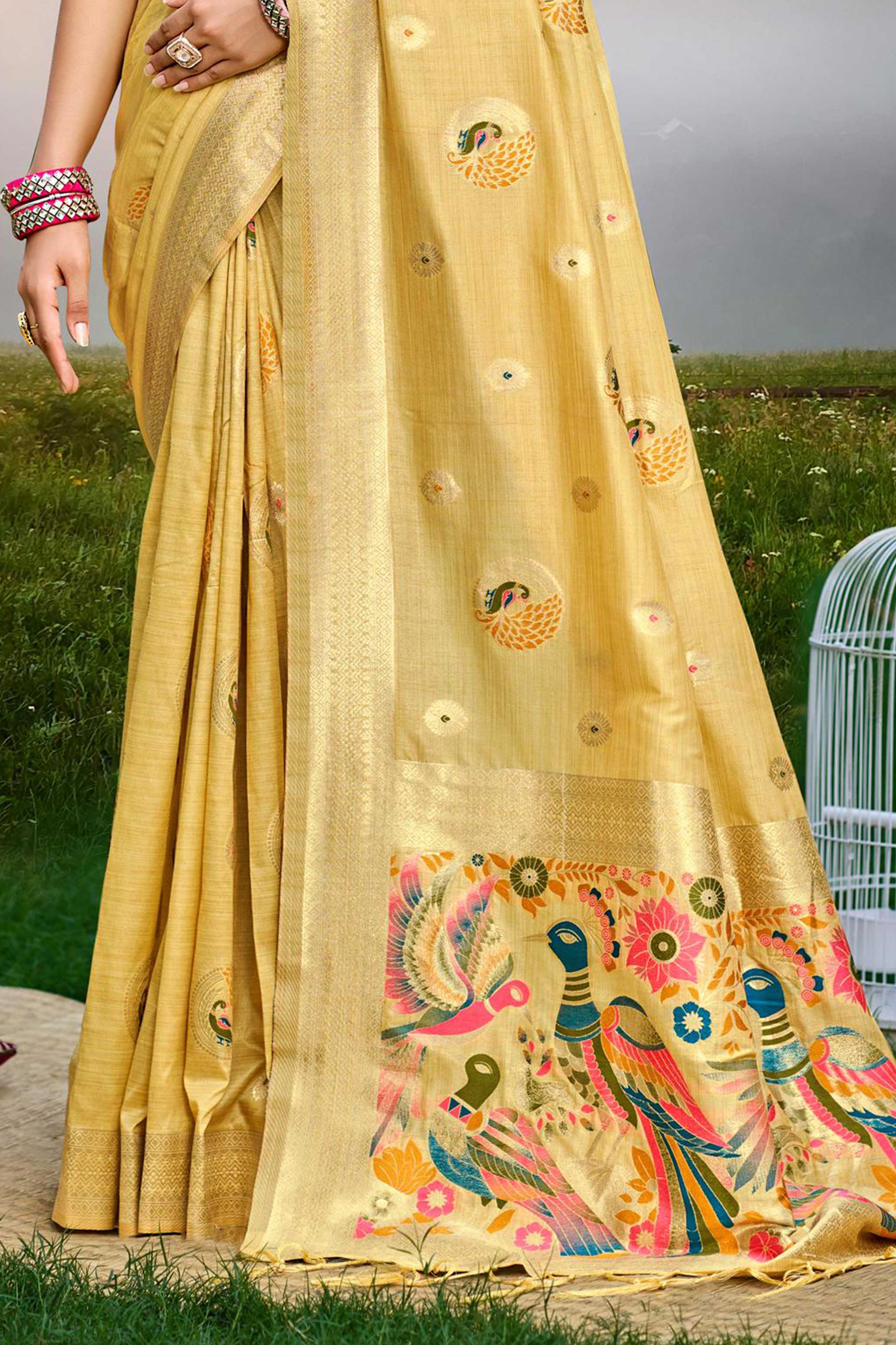 Designer Mustard Assam Silk Blend Saree Adorned With Peacock Zari Weaving & Tassel Pallu