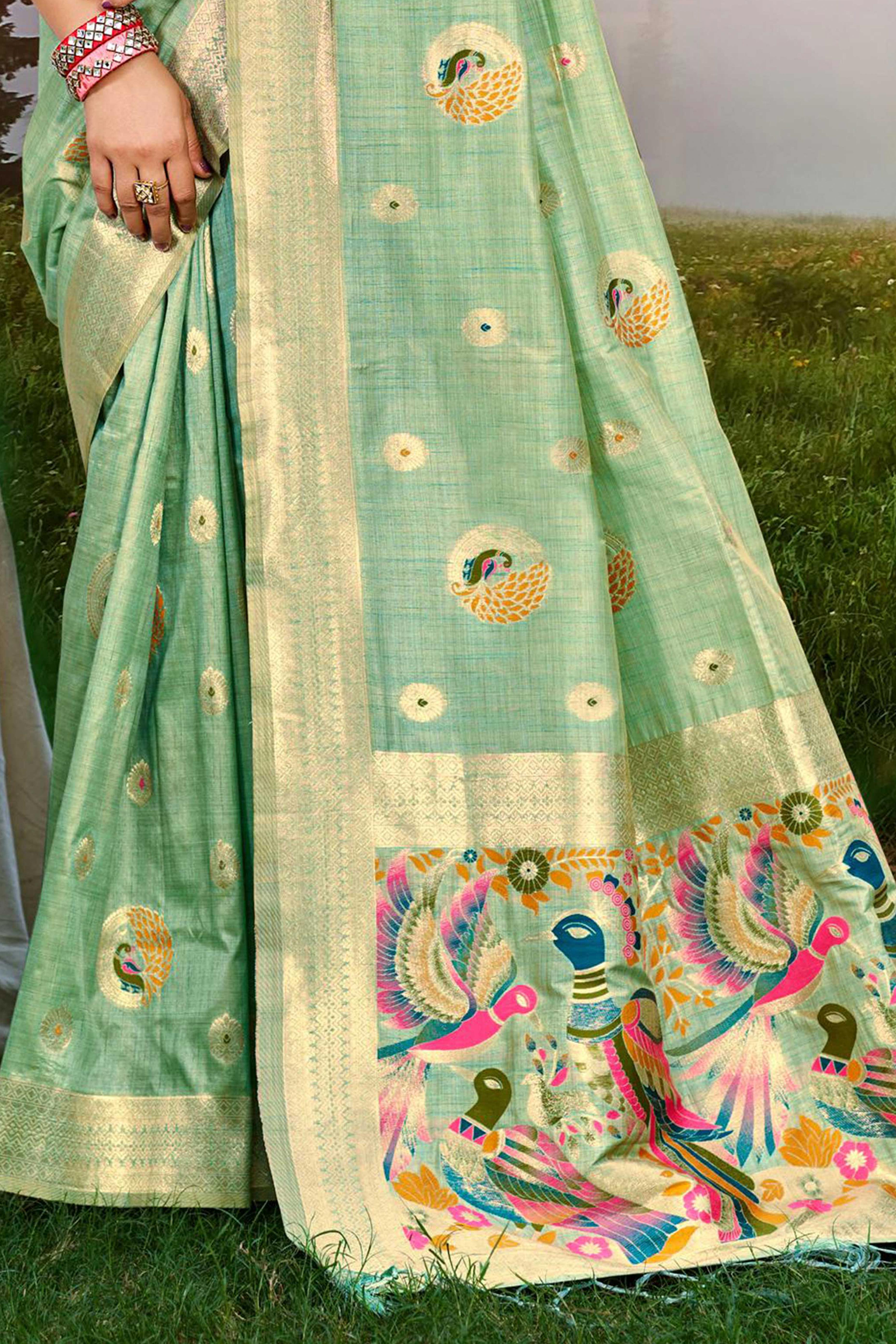 Designer Sea Green Assam Silk Blend Saree Adorned With Peacock Zari Weaving & Tassel Pallu