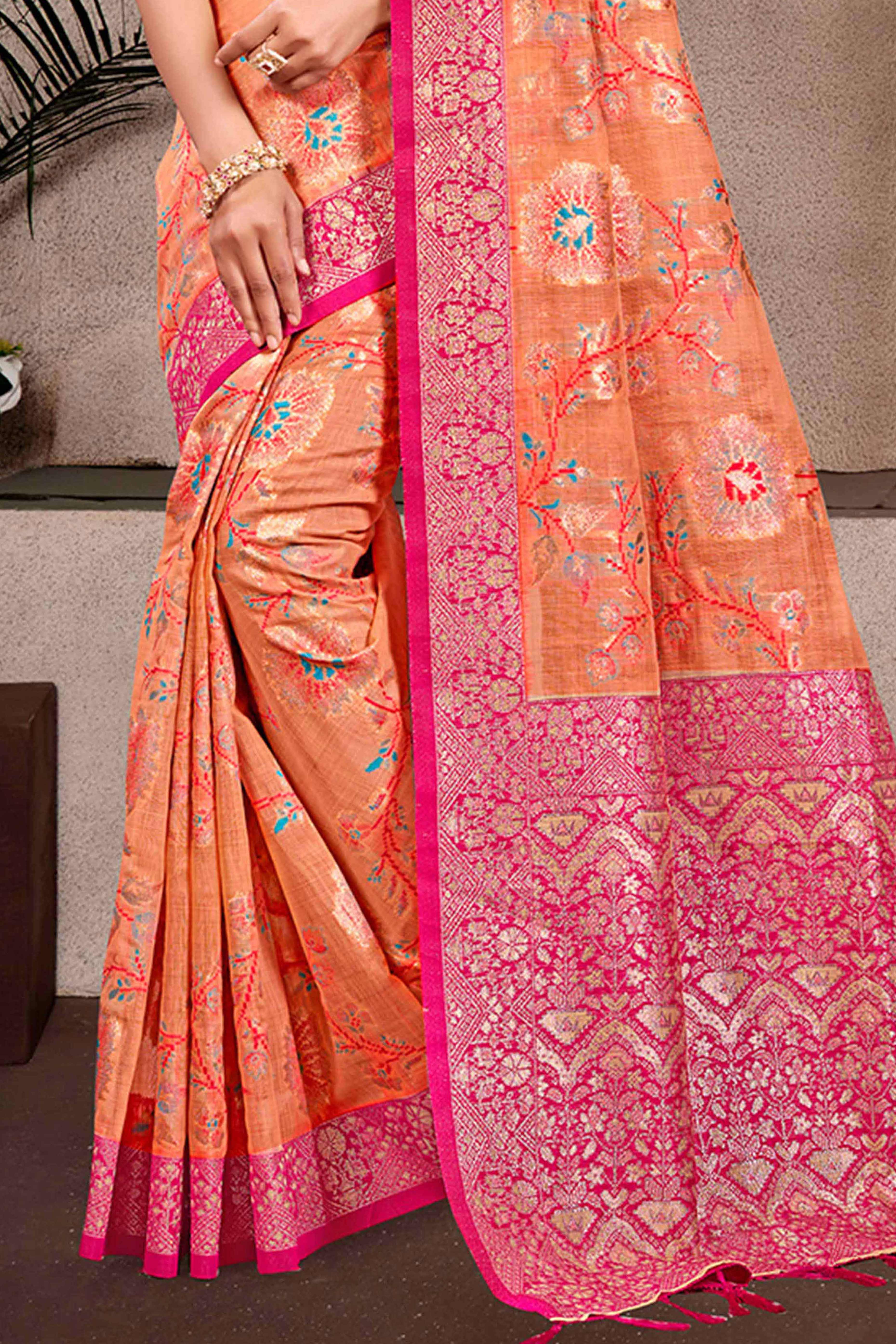 Opulent Orange Floral Zari Motif Weaving Cotton Silk Saree With Elegant Tassel Pallu