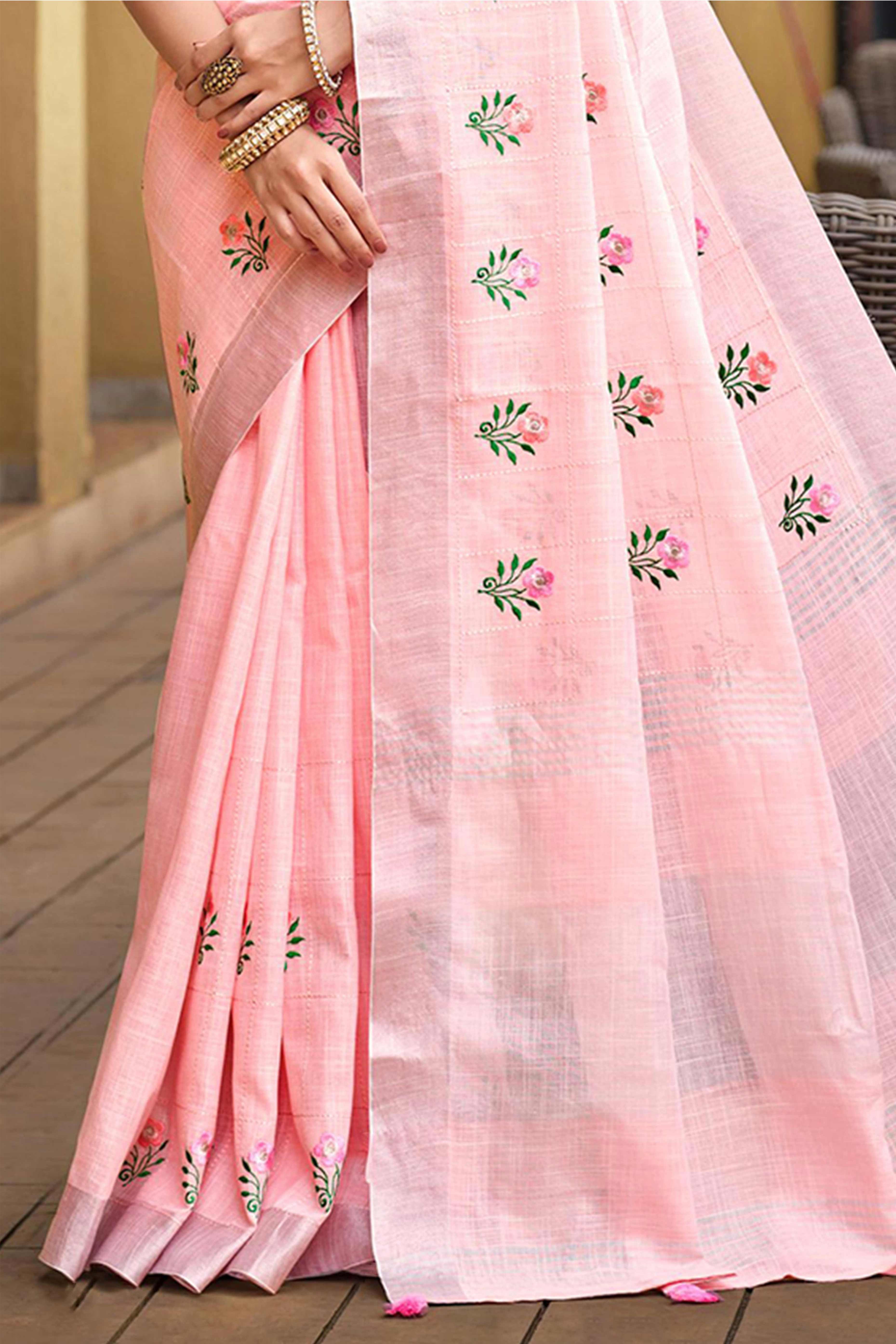 Captivating Pink Floral Thread Embroidered Linen Saree With Elegant Weaving Border