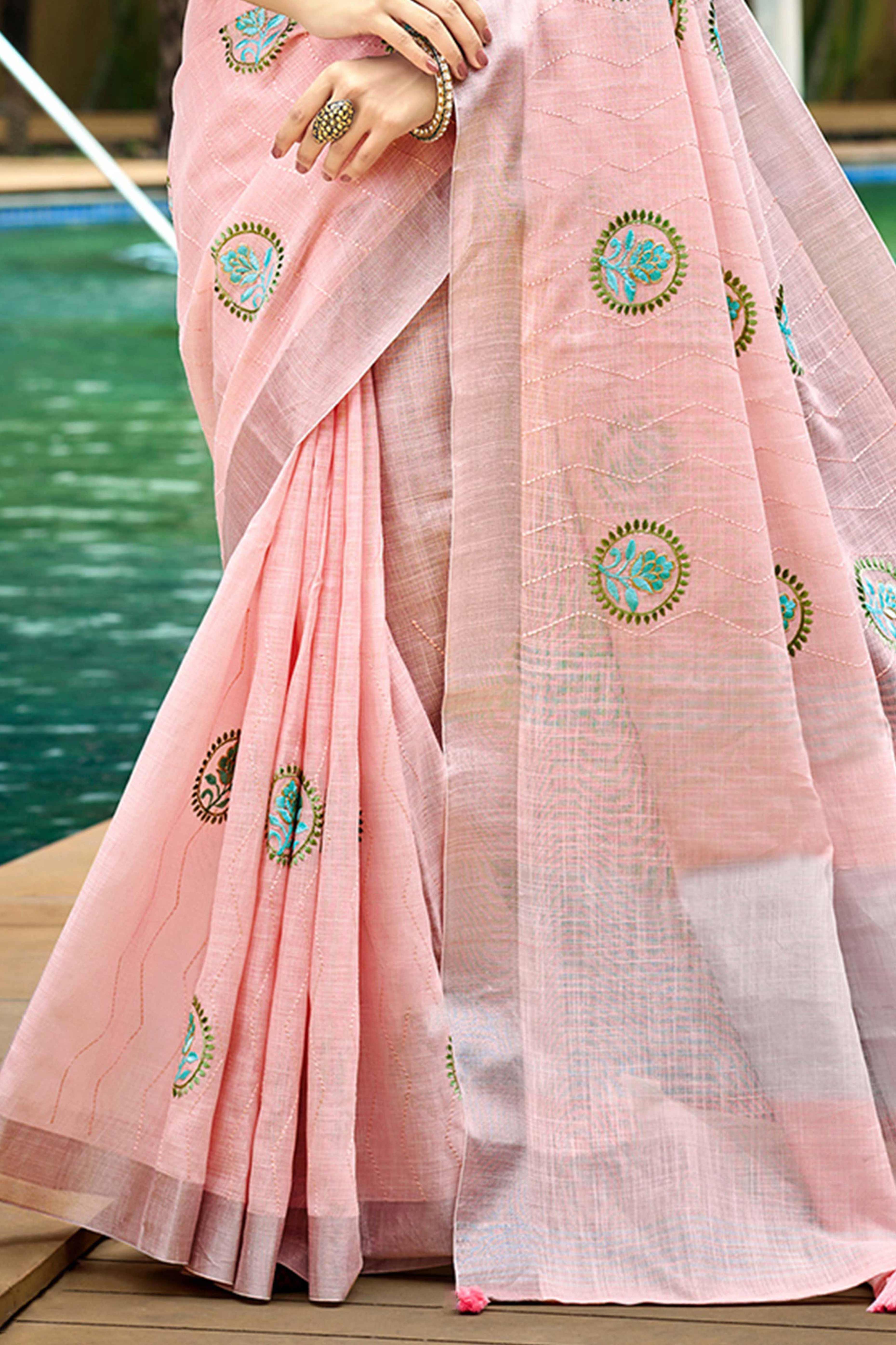 Premium Pink Floral Embroidered Linen Saree With Striped Pattern Tassel Pallu