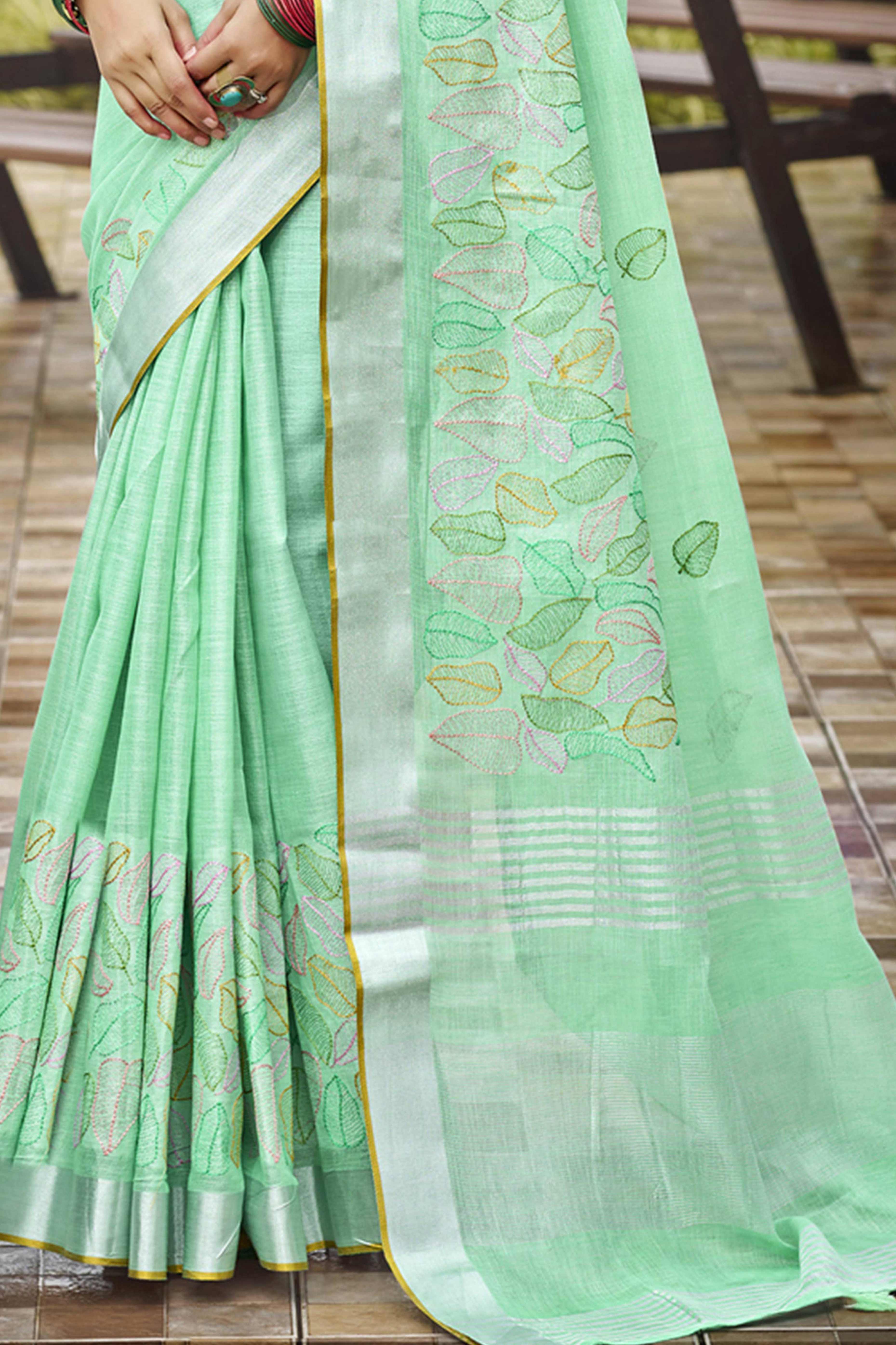 Classic Sea Green Leaf Pattern Thread Embroidery Work Linen Saree With Tassel Pallu