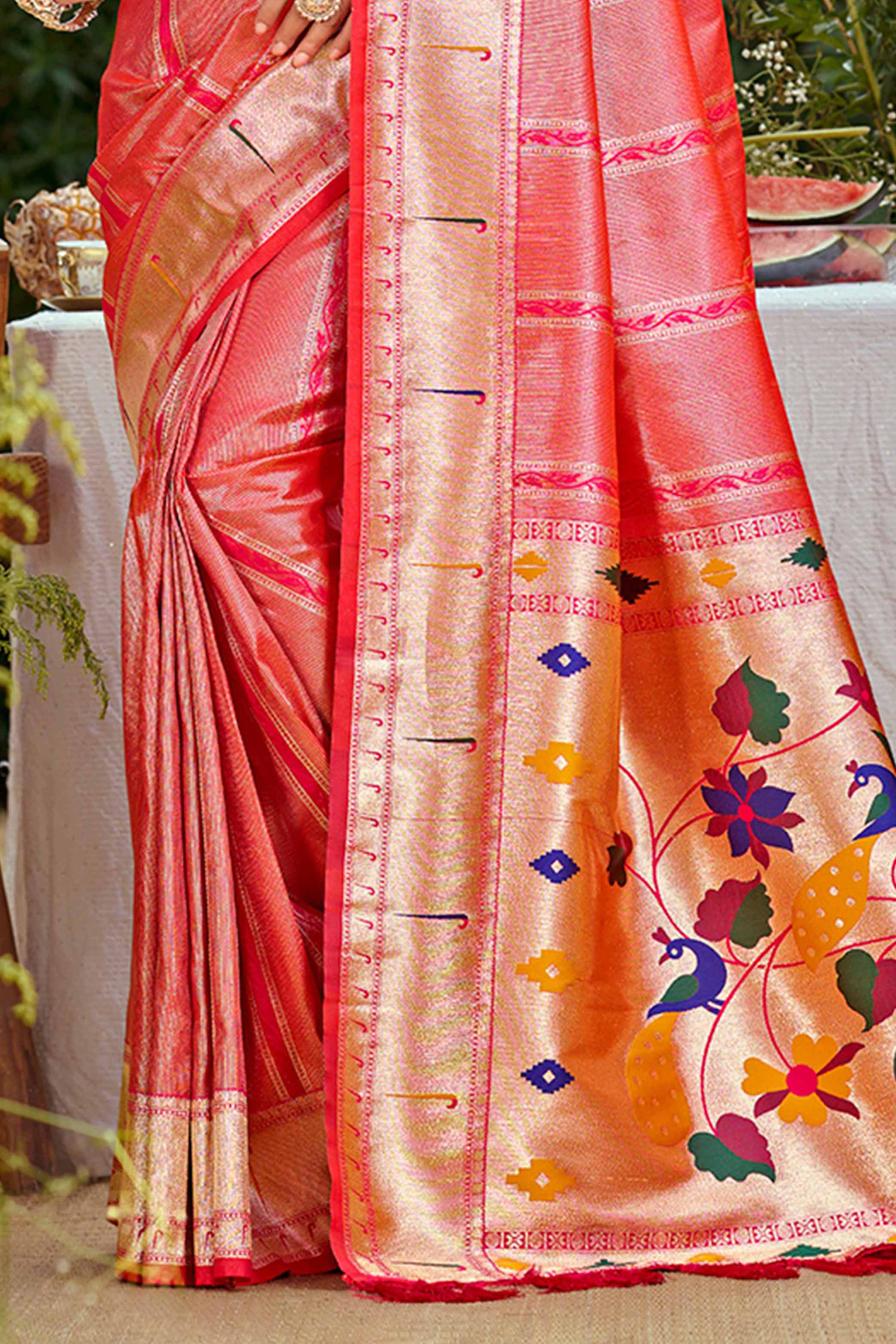 Coral Pink Designer Weaving Silk Blend Saree Accented With Graceful Peacock & Floral Motif Pallu