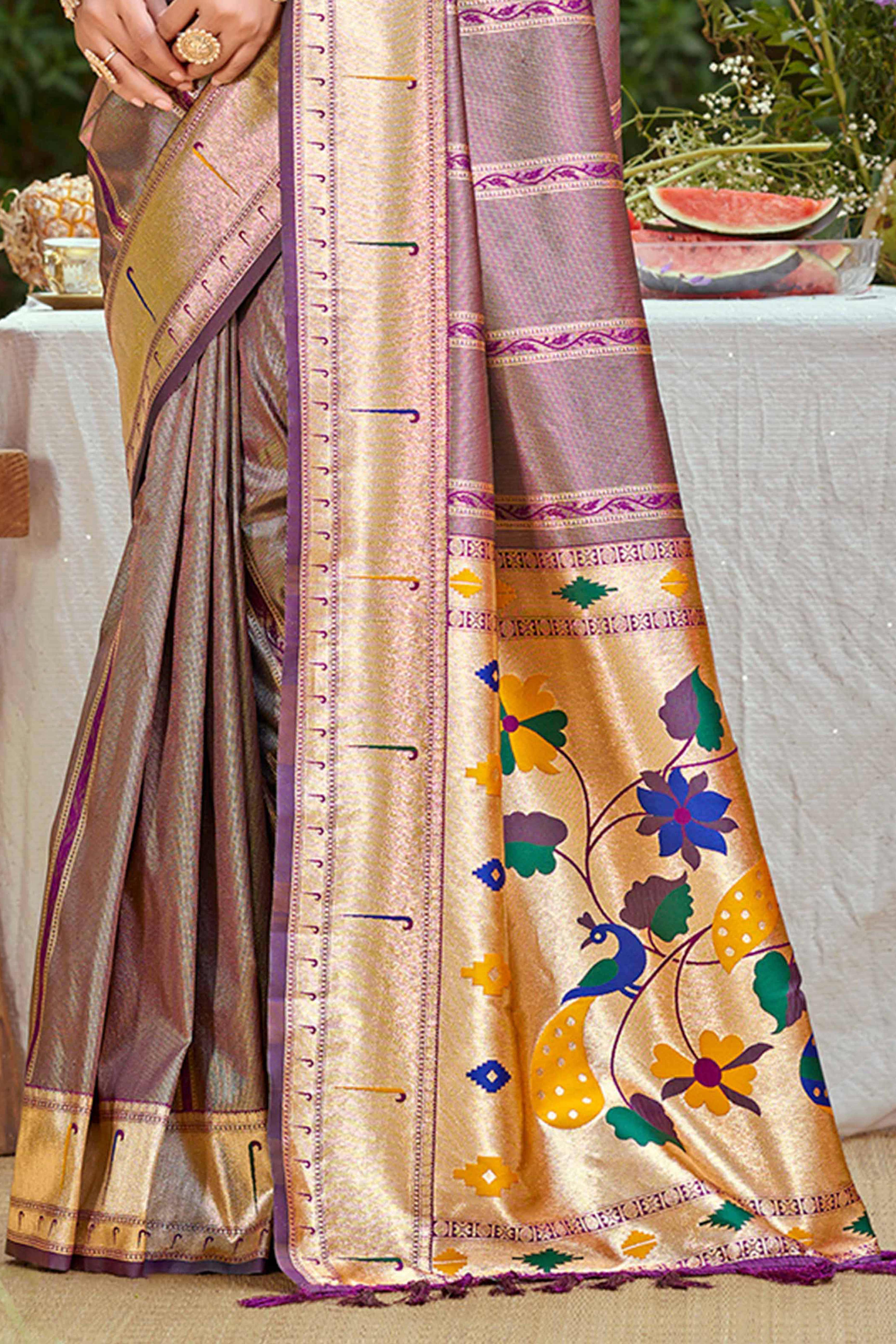 Dark Purple Designer Weaving Silk Blend Saree Accented With Graceful Peacock & Floral Motif Pallu