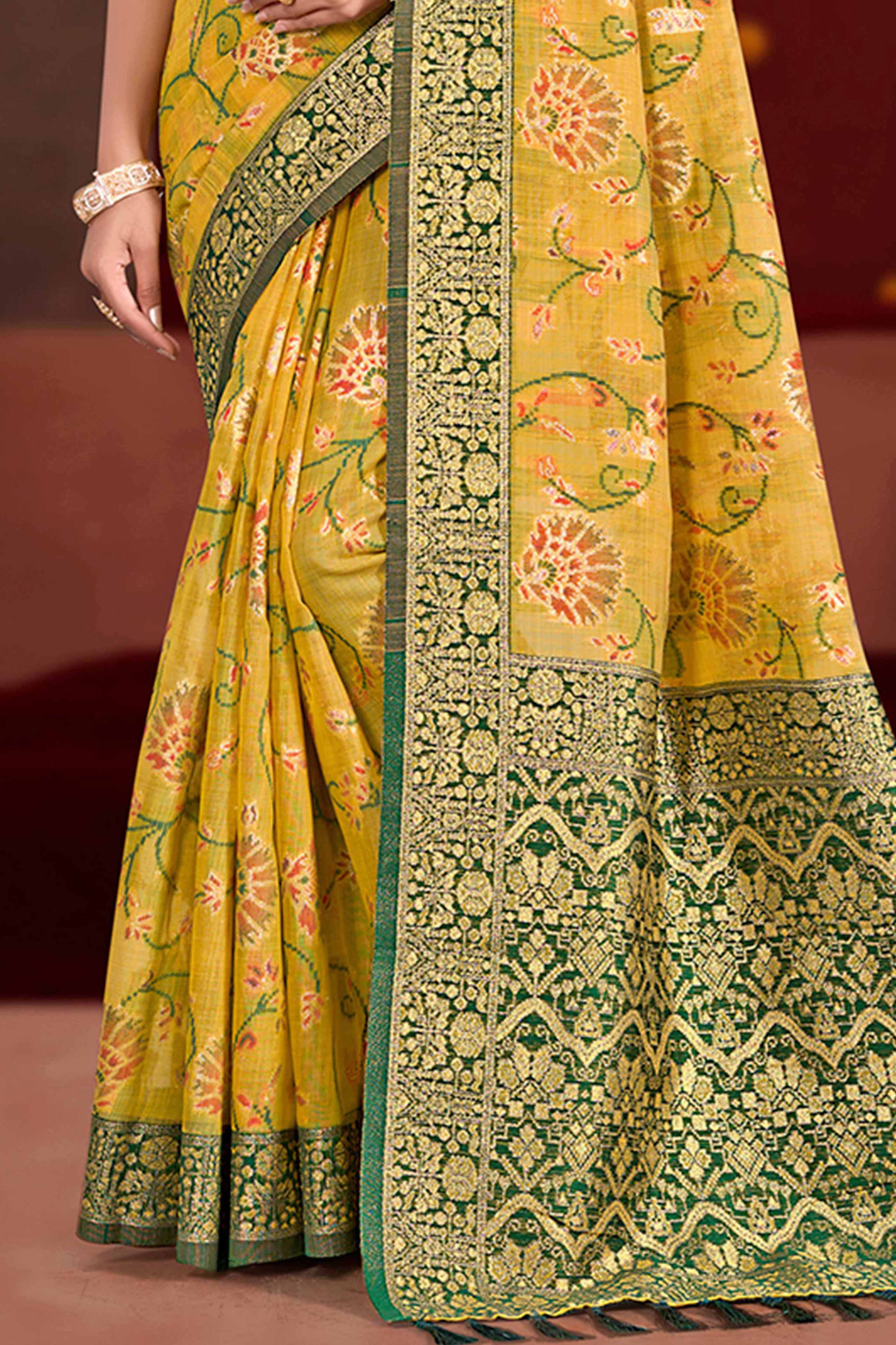 Elegant Mustard Cotton Silk Saree Adorned With Floral Weaving & Graceful Tassel Pallu