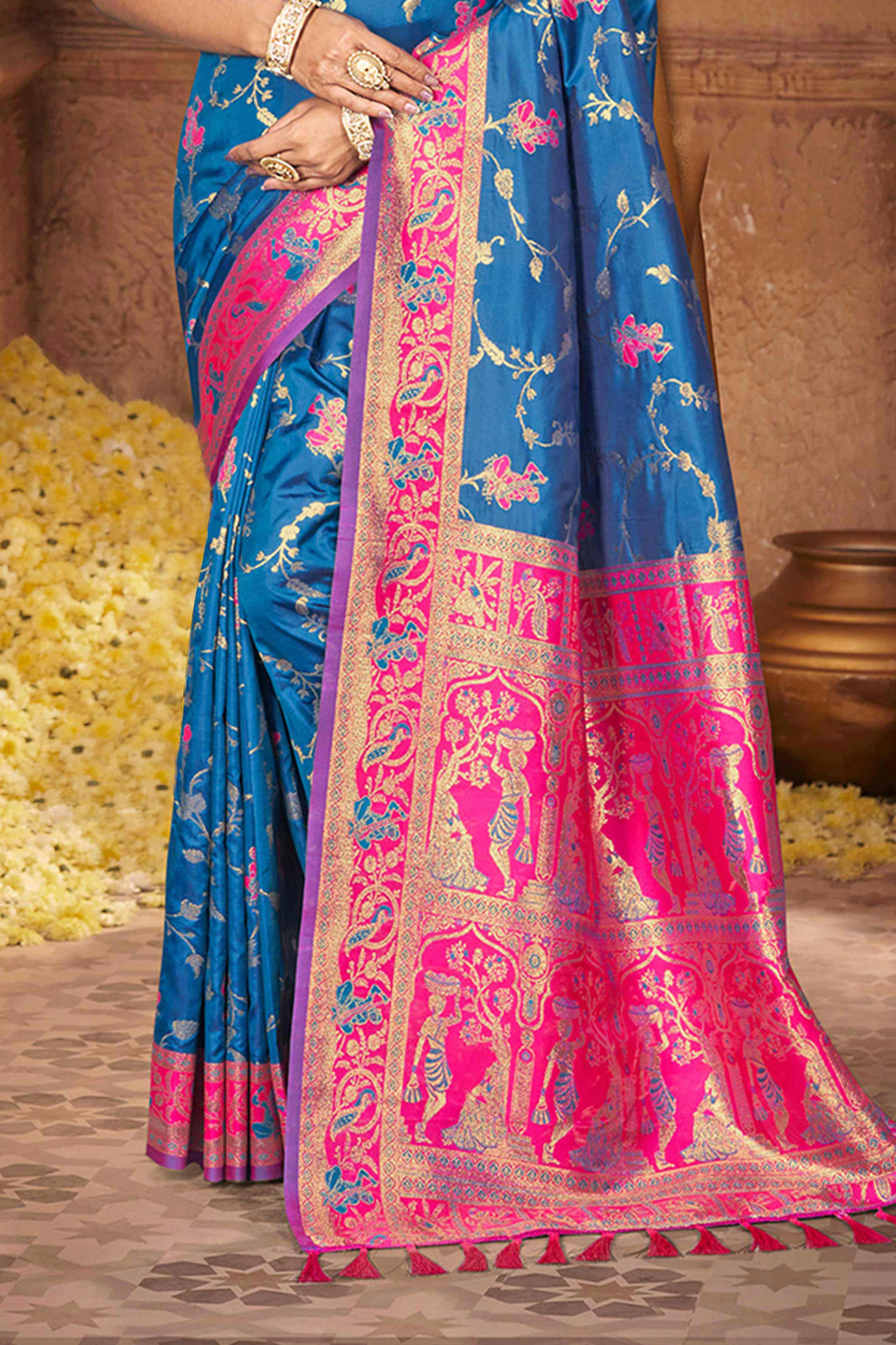 Radiant Blue Floral Zari Weaving Silk Blend Saree With Tassel Pallu