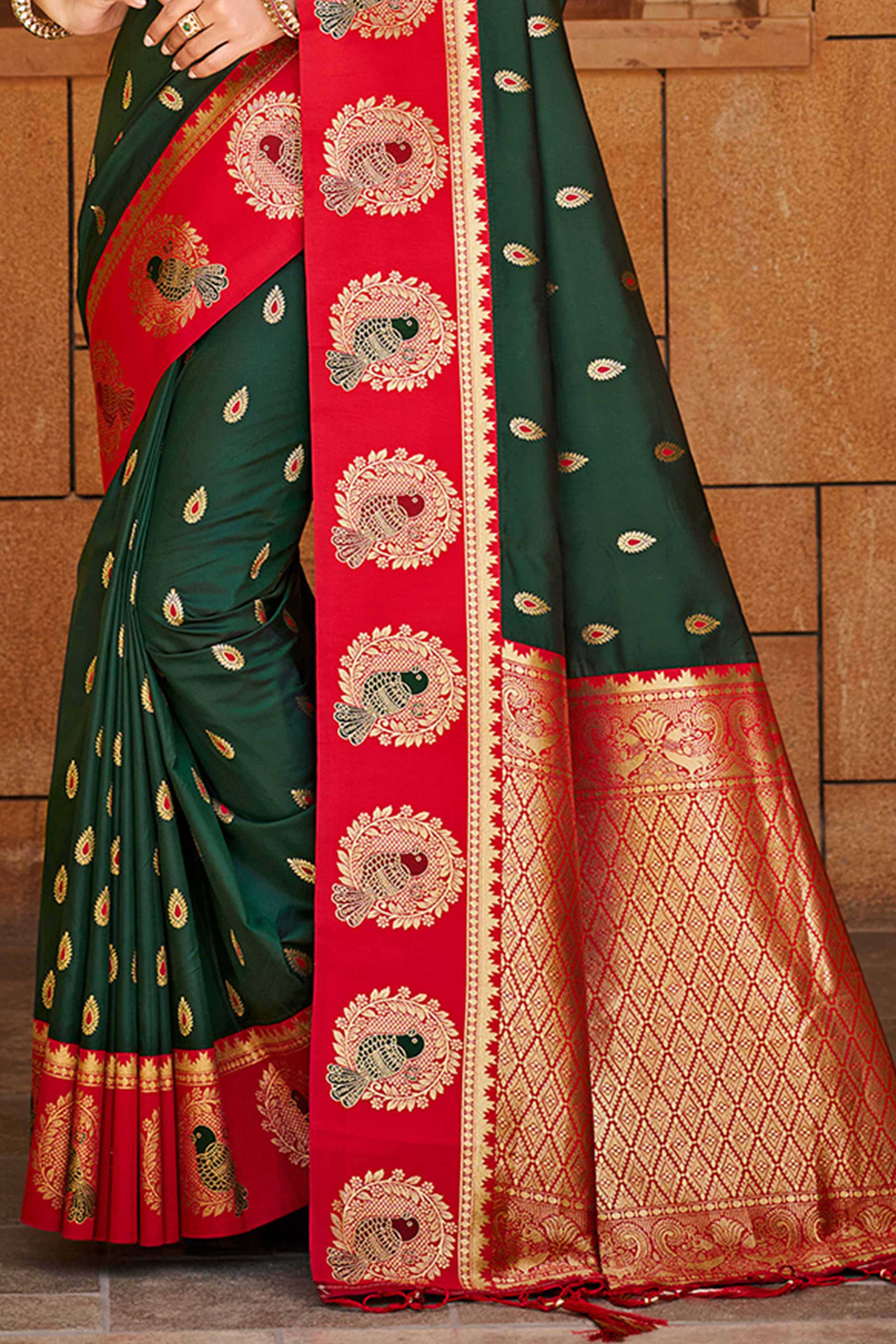 Stunning Dark Green Floral Weaving Silk Blend Saree With Birds Design Border & Tassel Pallu