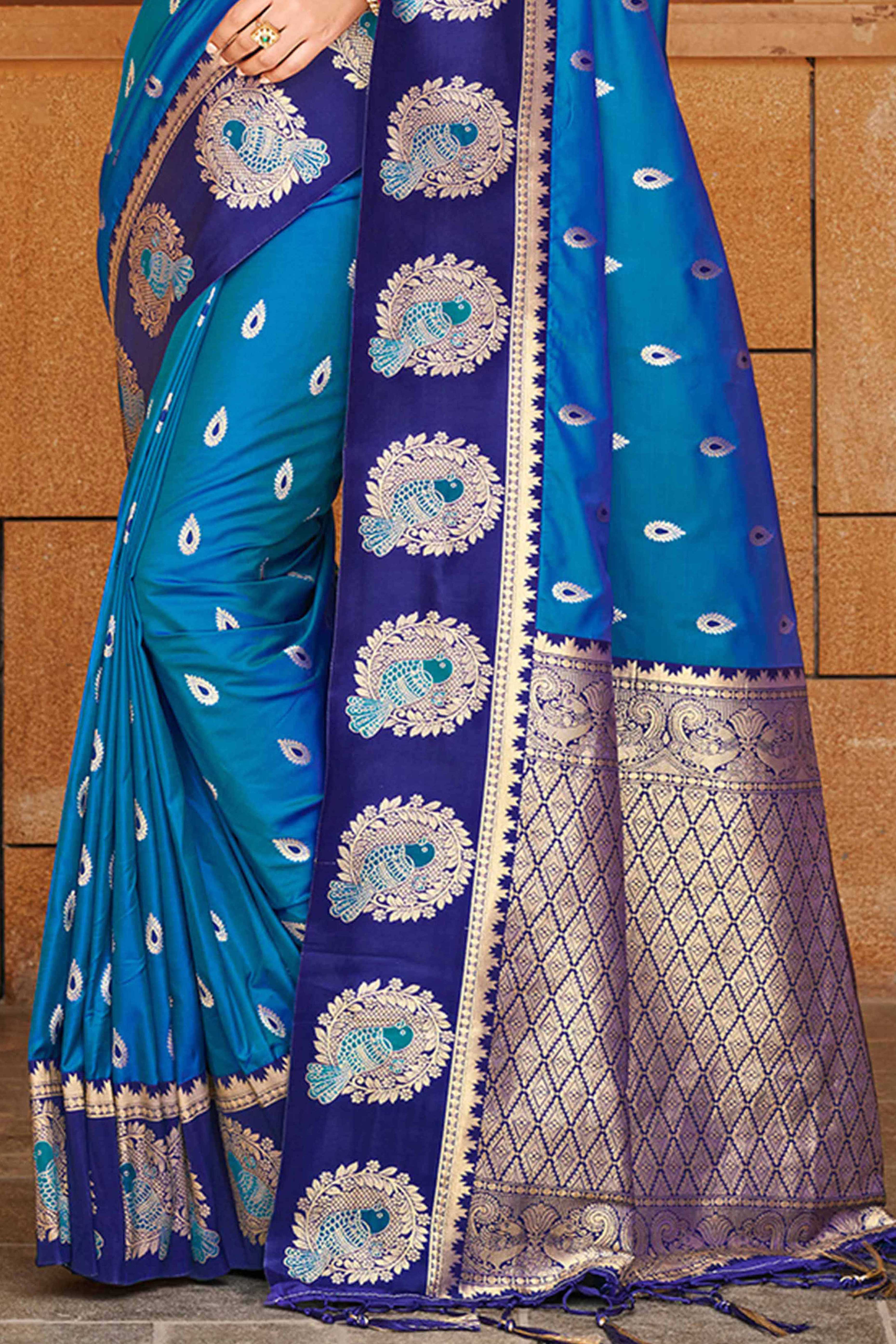 Stunning Blue Floral Weaving Silk Blend Saree With Birds Design Border & Tassel Pallu