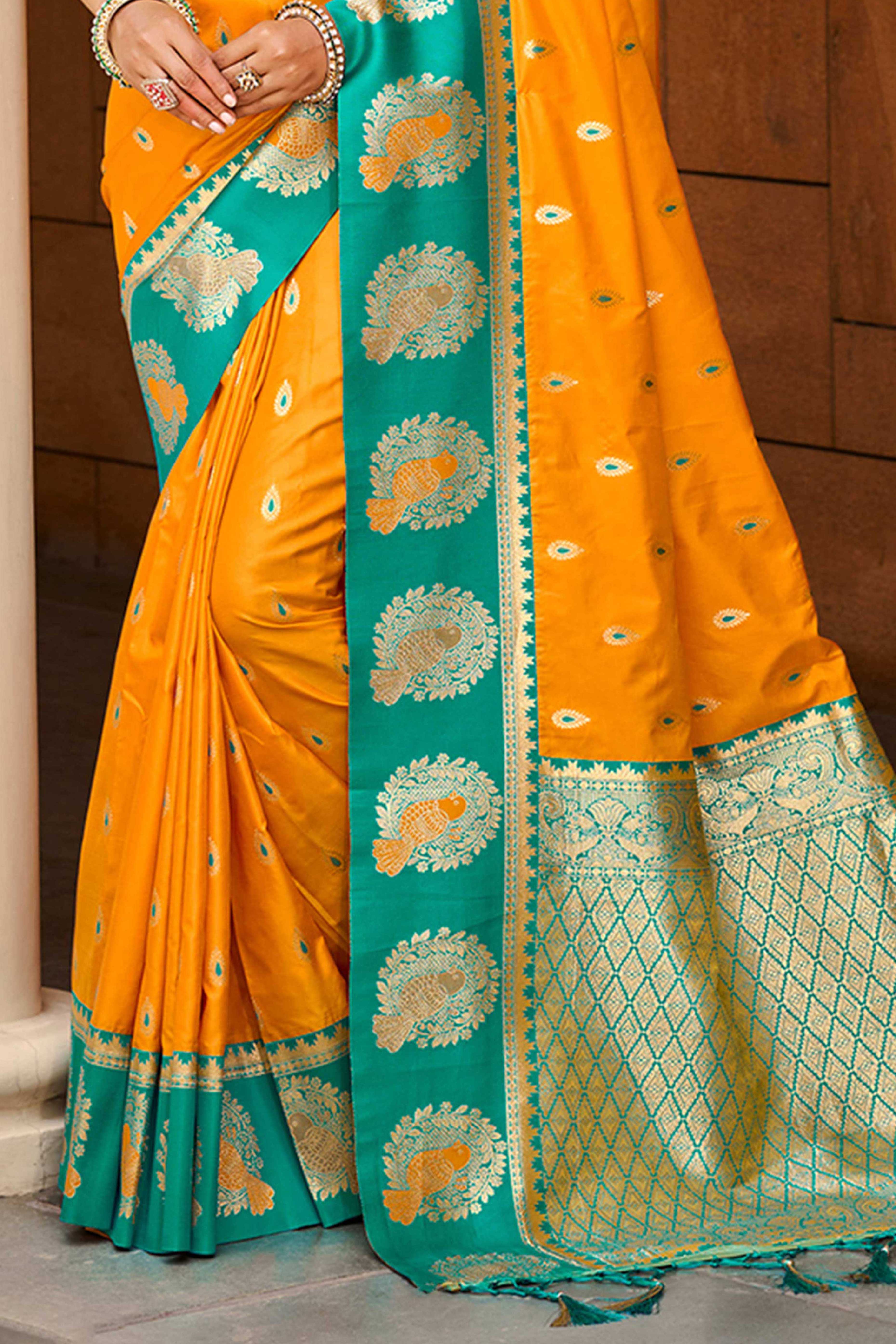 Stunning Mustard Floral Weaving Silk Blend Saree With Birds Design Border & Tassel Pallu