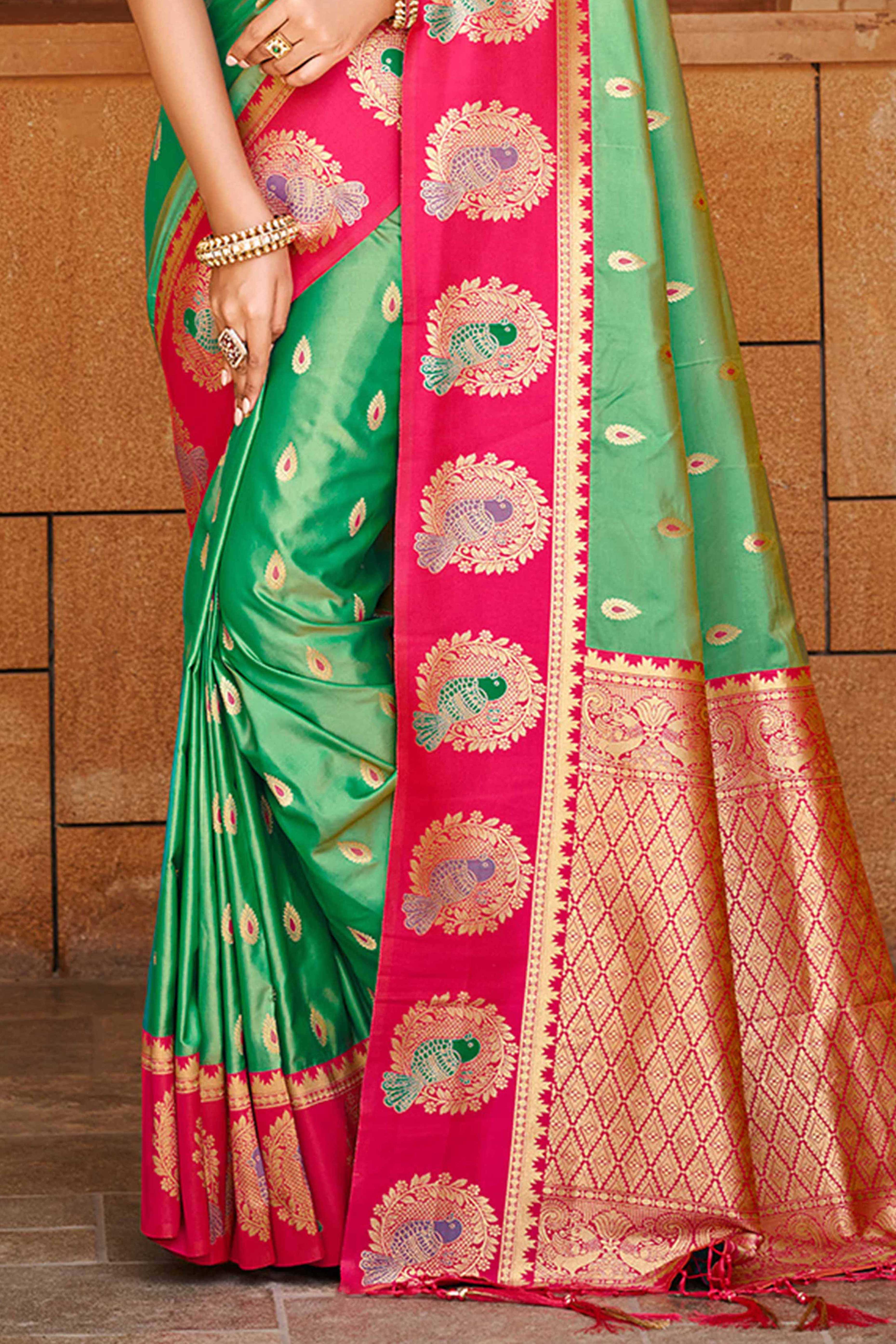 Stunning Green Floral Weaving Silk Blend Saree With Birds Design Border & Tassel Pallu