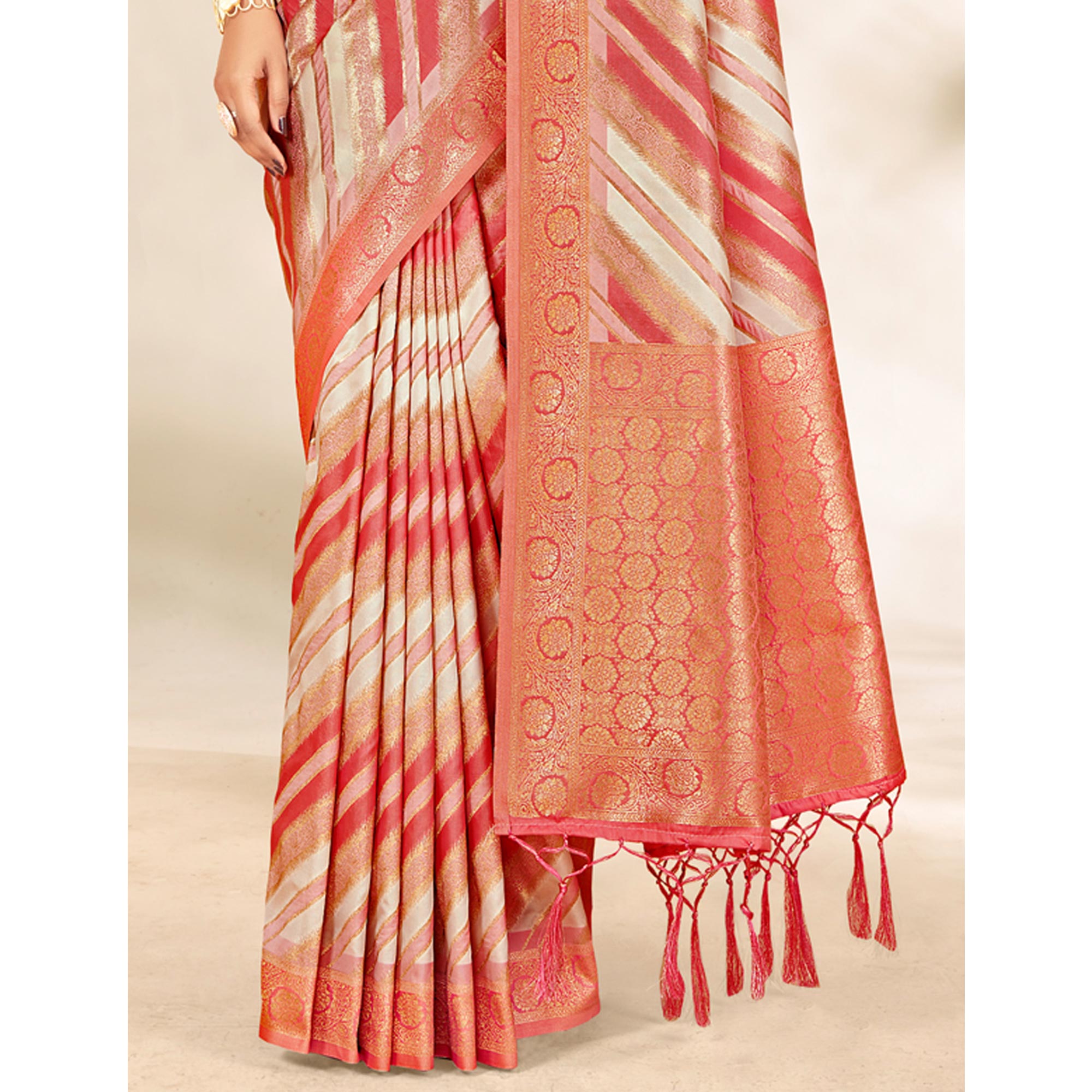 Peach Woven Cotton Silk Saree With Tassels