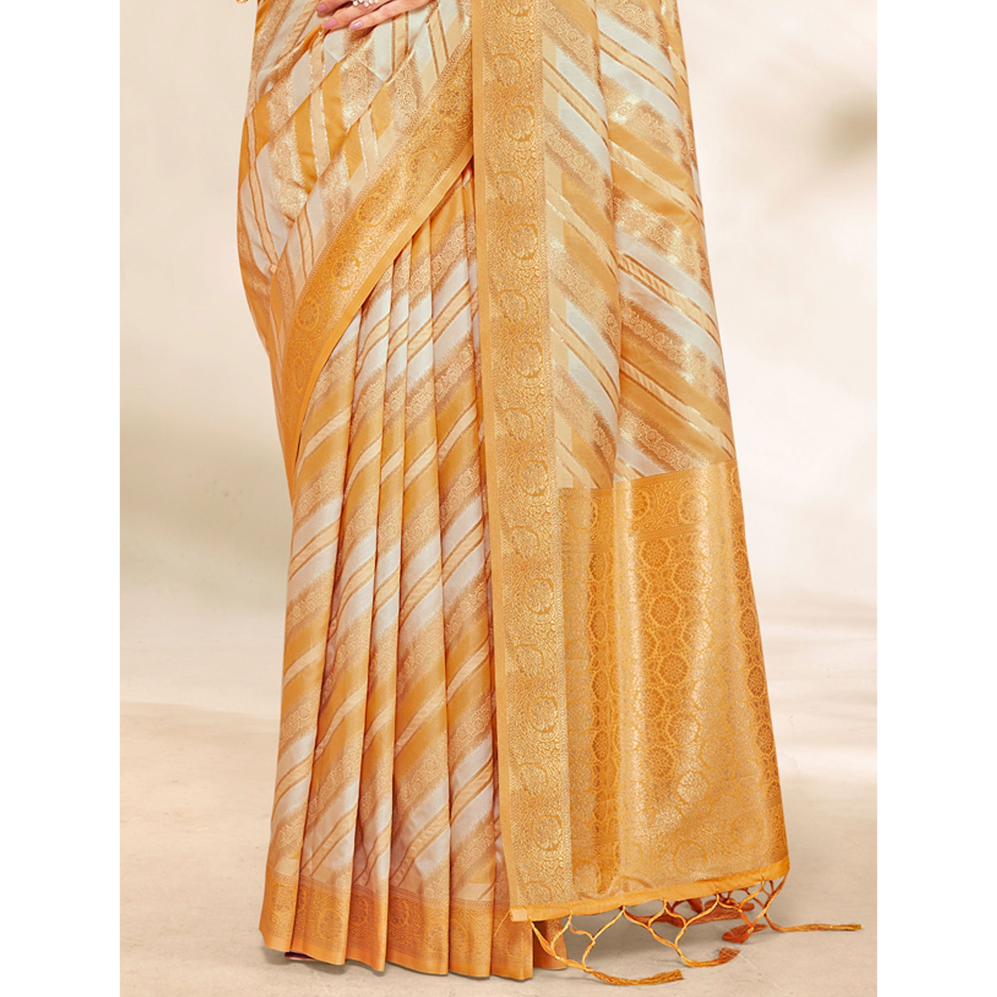 Mustard Woven Cotton Silk Saree With Tassels