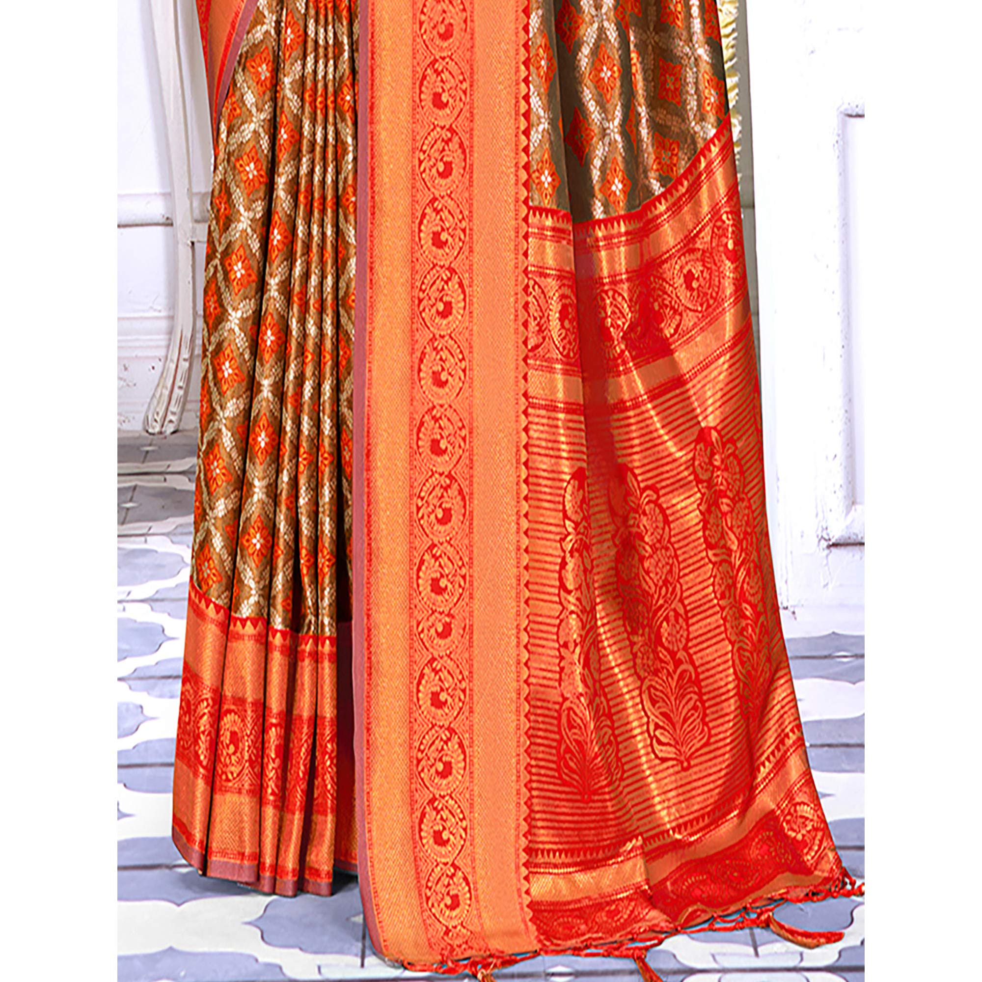 Red Woven Cotton Silk Saree With Tassels