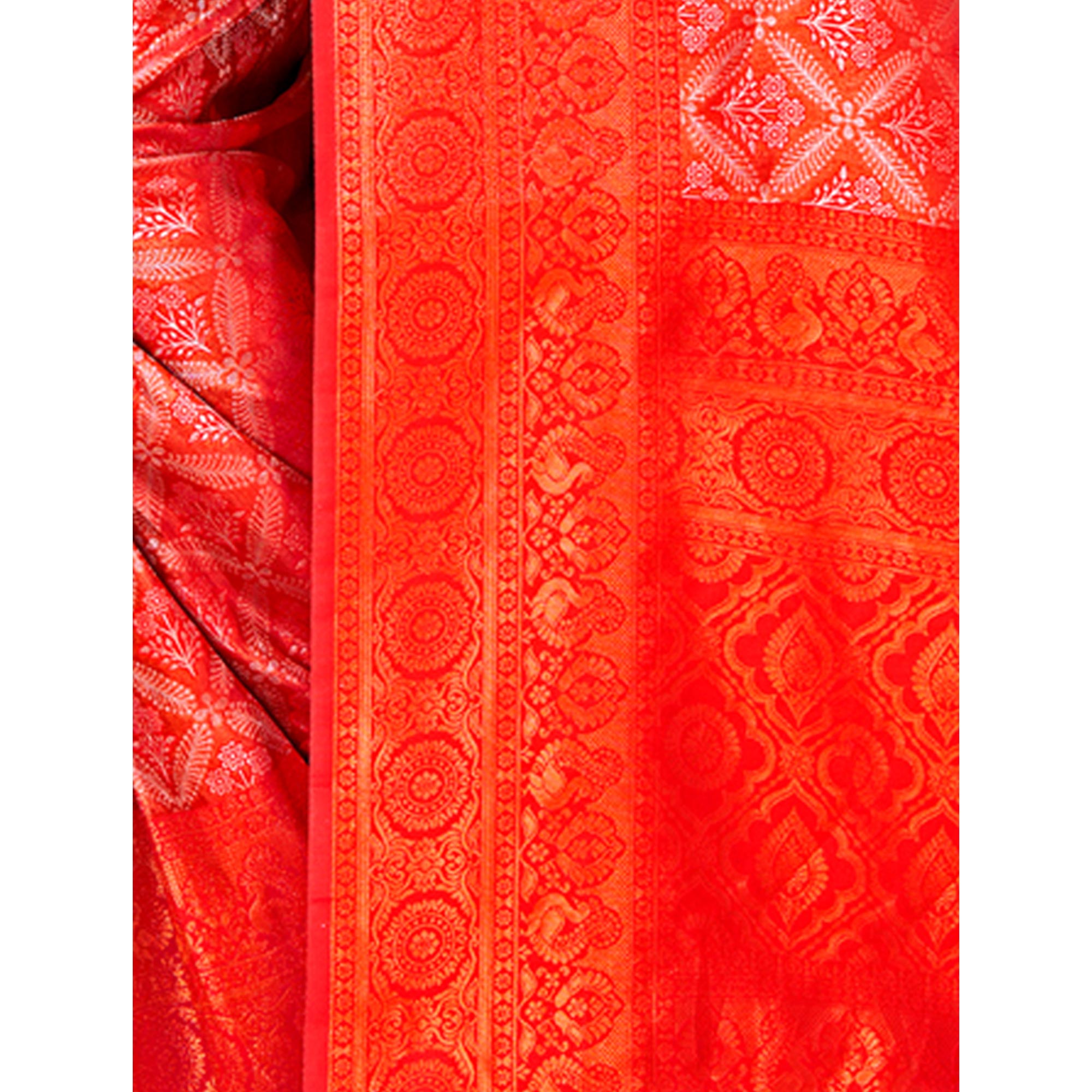 Red Floral Woven Kanjivaram Silk Saree With Tassels