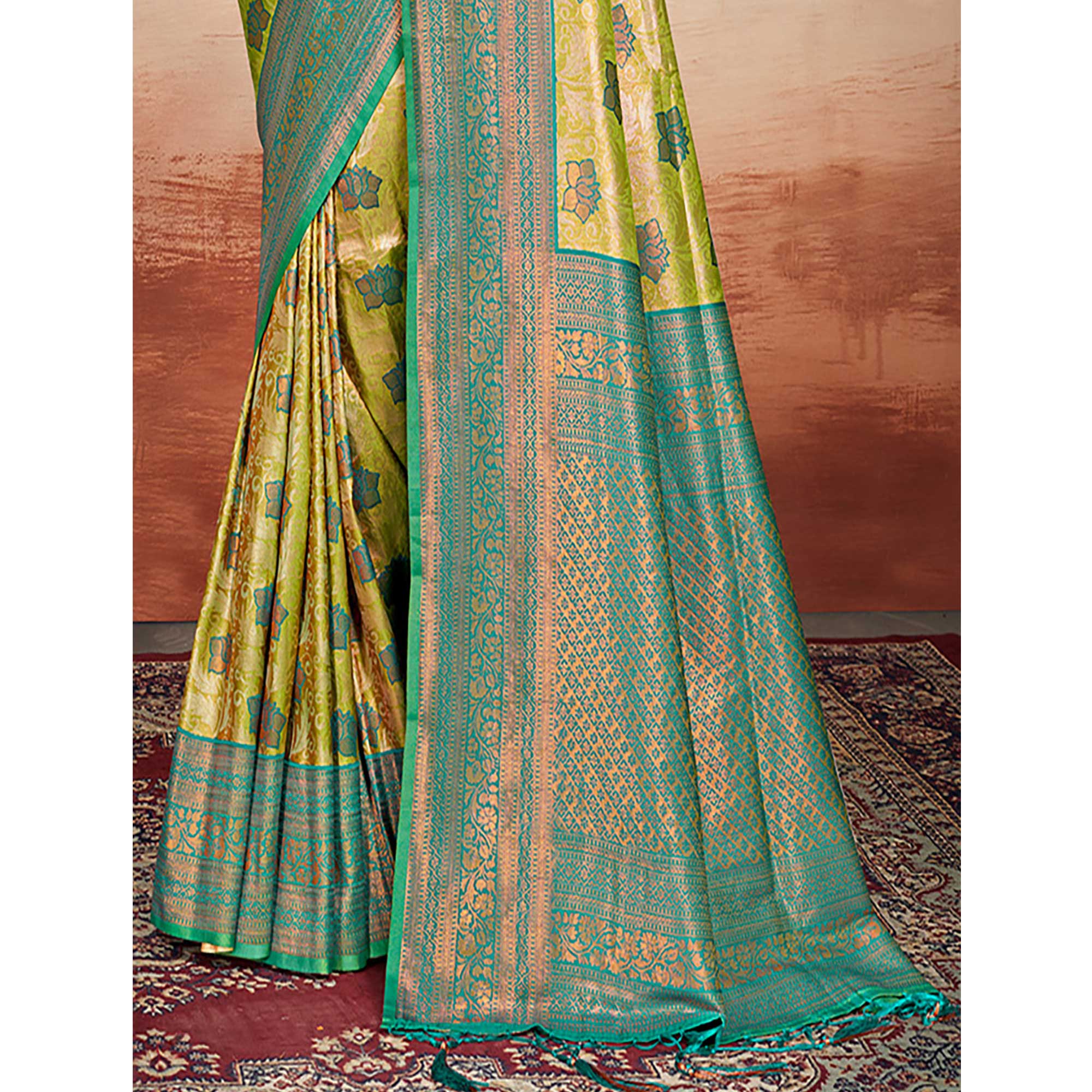 Green Floral Woven Kanjivaram Silk Saree With Tassels