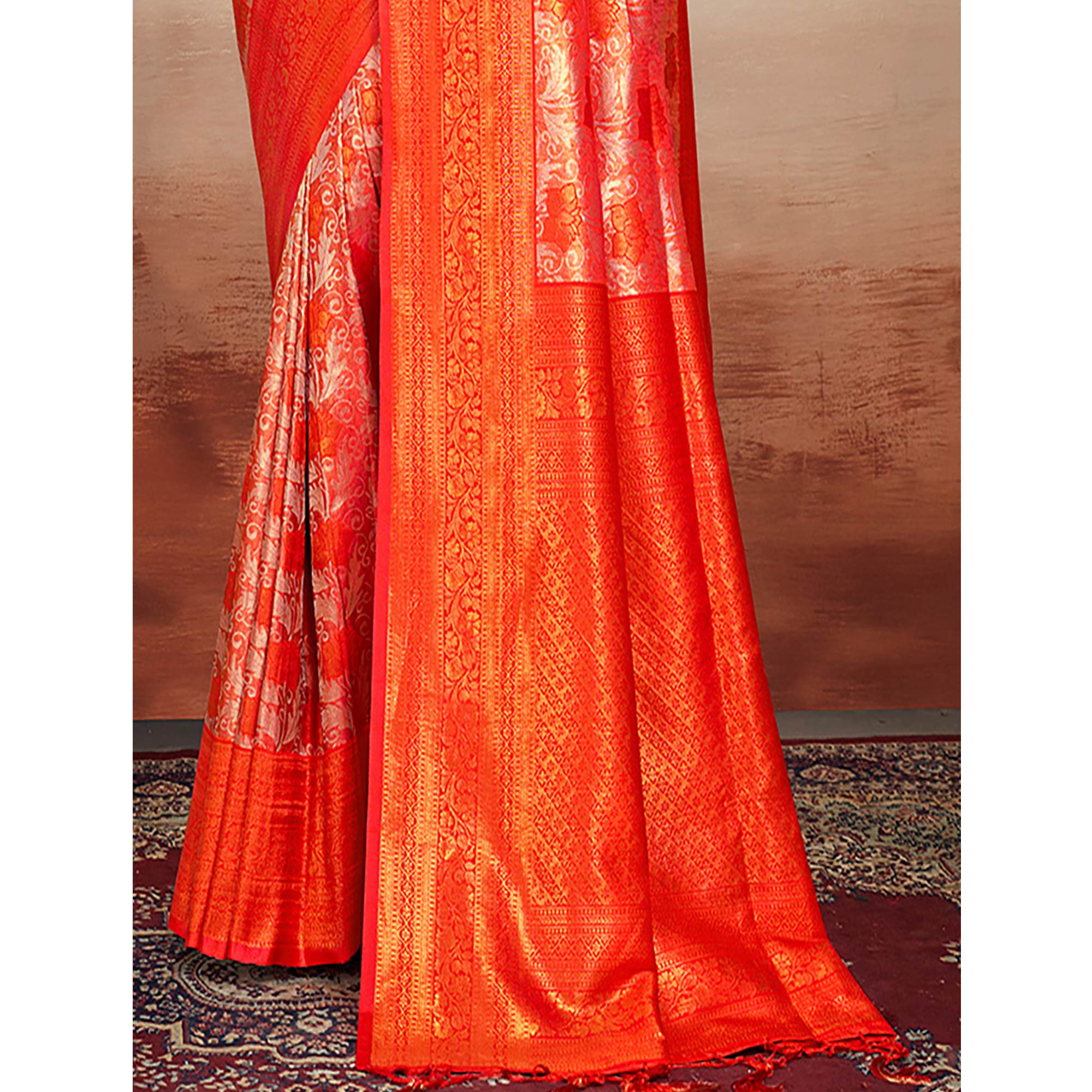 Red Floral Woven Kanjivaram Silk Saree With Tassels