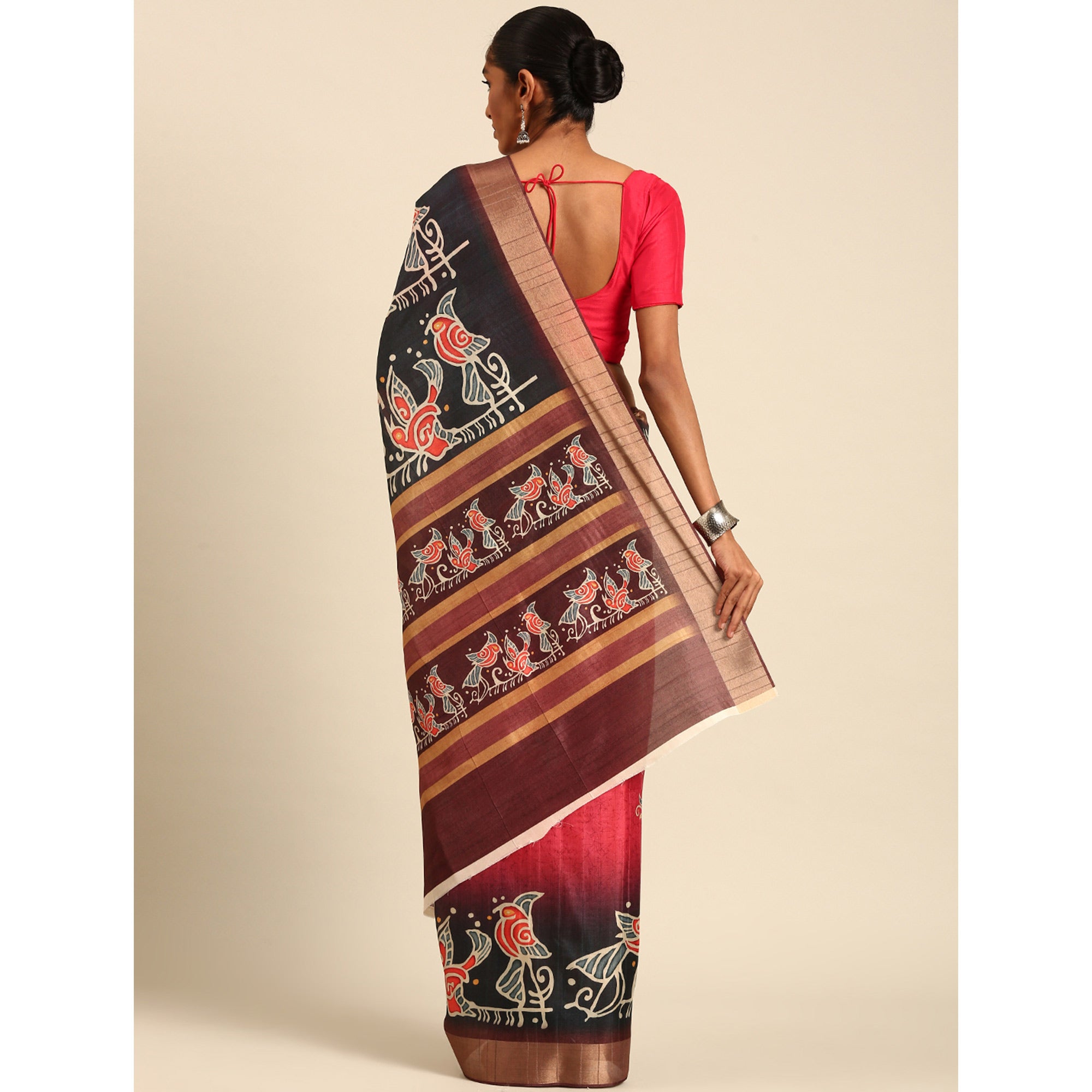 Pink & Black Digital Printed Cotton Blend Saree With Woven Border