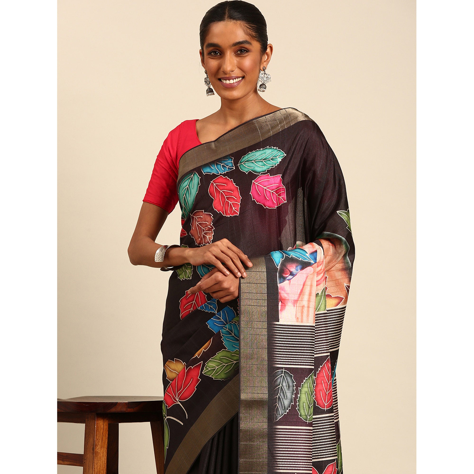 Black Digital Printed Cotton Blend Saree With Woven Border