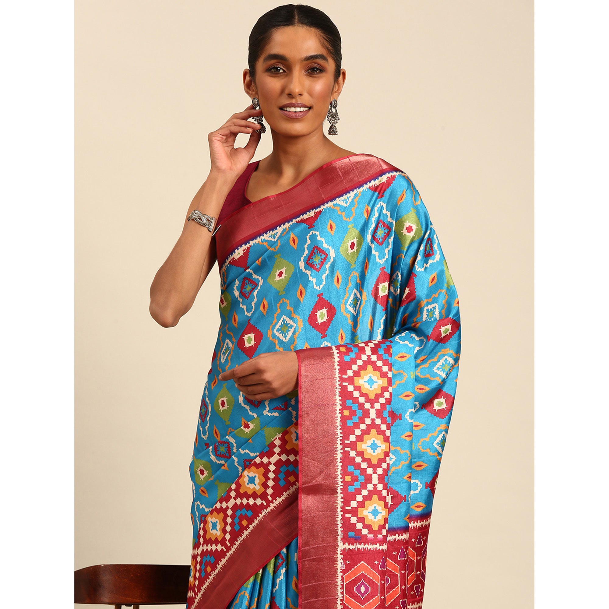 Blue Digital Printed Cotton Blend Saree With Woven Border