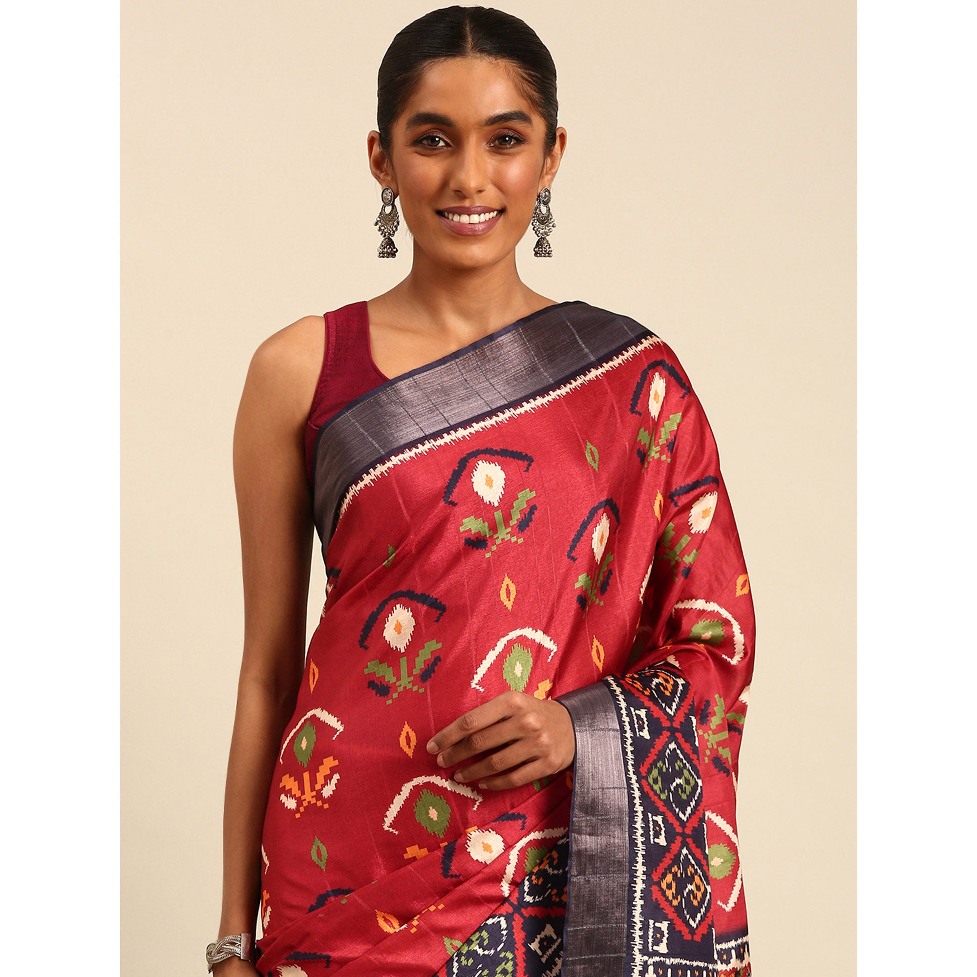 Red Digital Printed Cotton Blend Saree With Woven Border