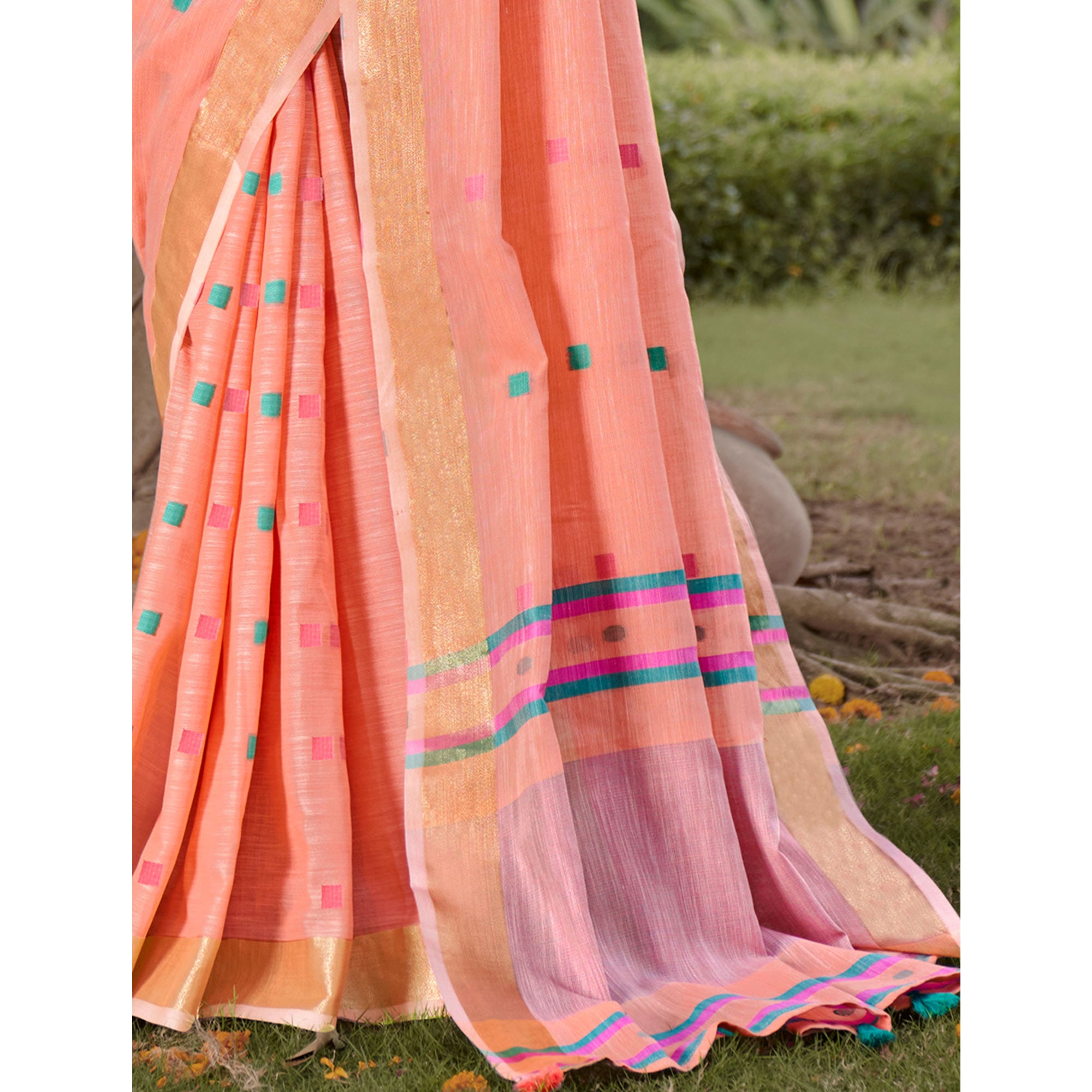 Peach Woven Cotton Blend Saree With Tassels